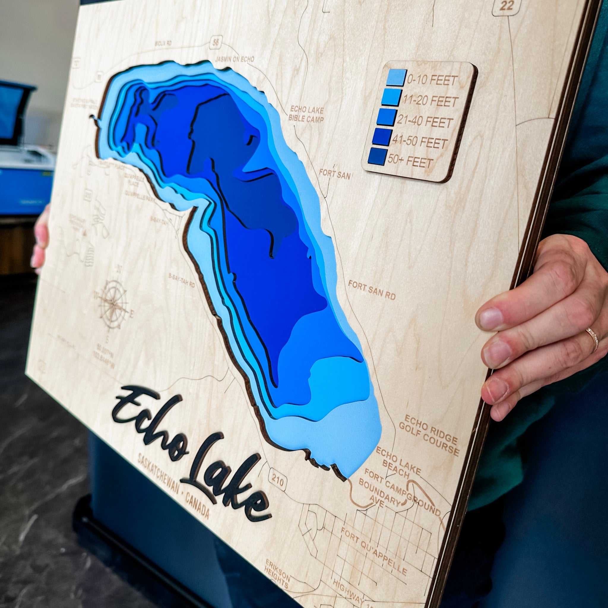 Echo Lake Map • Bathymetric Layered Wood Depth Map • For Lake Lovers