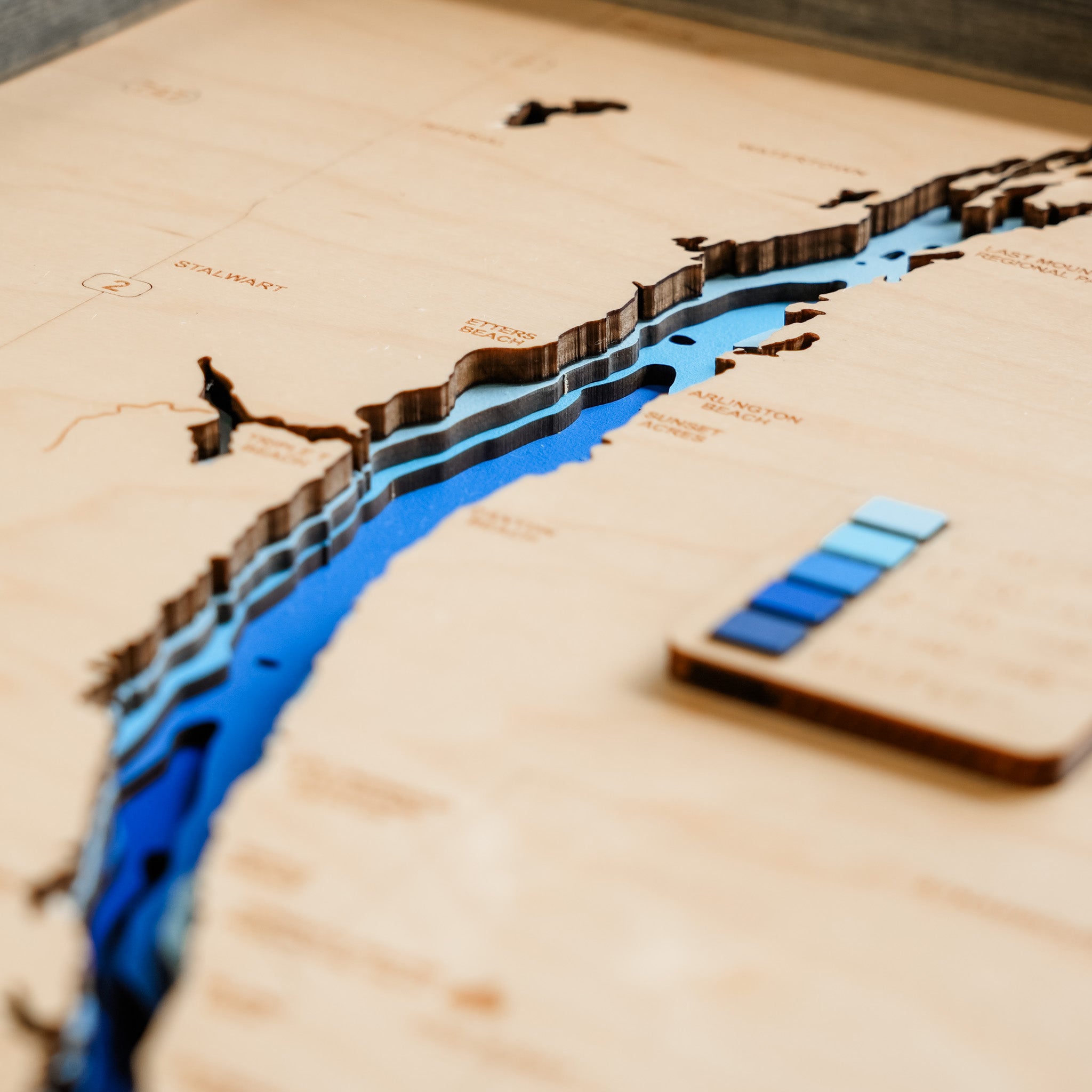 Last Mountain Lake Map • Bathymetric Layered Wood Depth Map of Long Lake • For Lake Lovers