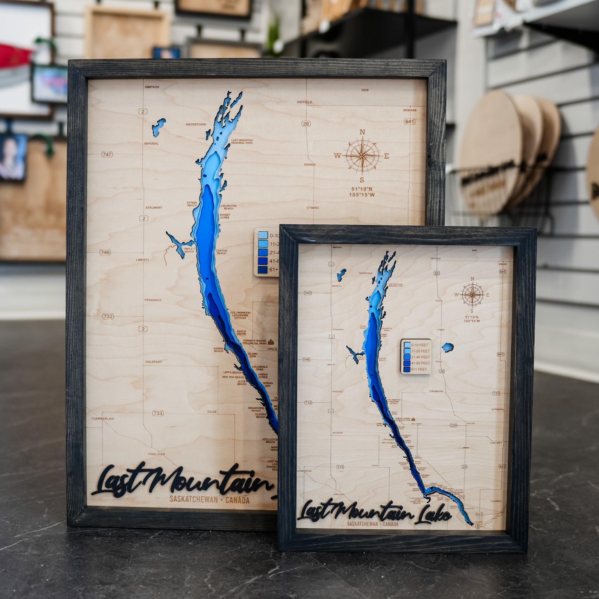 Last Mountain Lake Map • Bathymetric Layered Wood Depth Map of Long Lake • For Lake Lovers