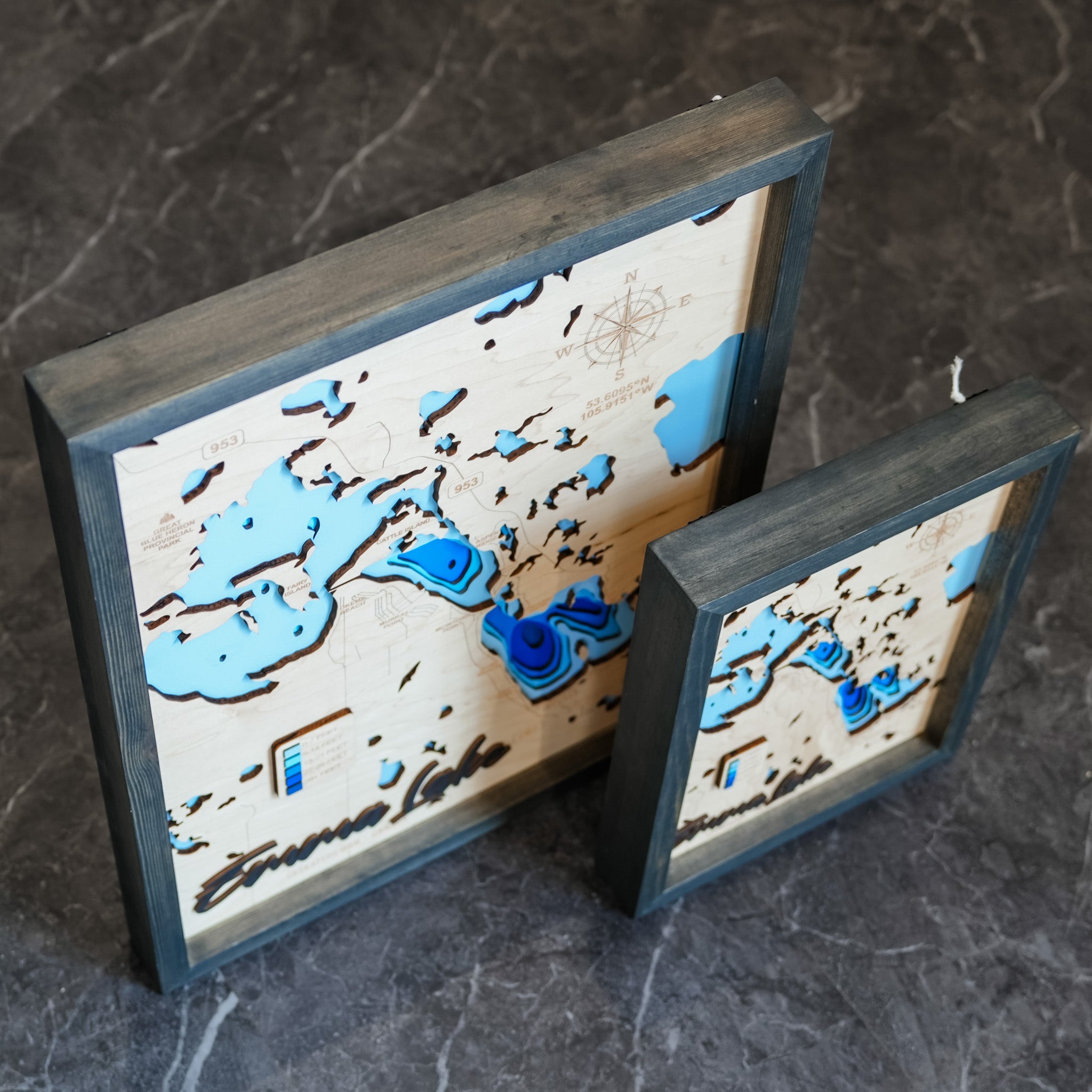 Emma Lake Map • Bathymetric Layered Wood Depth Map • For Lake Lovers