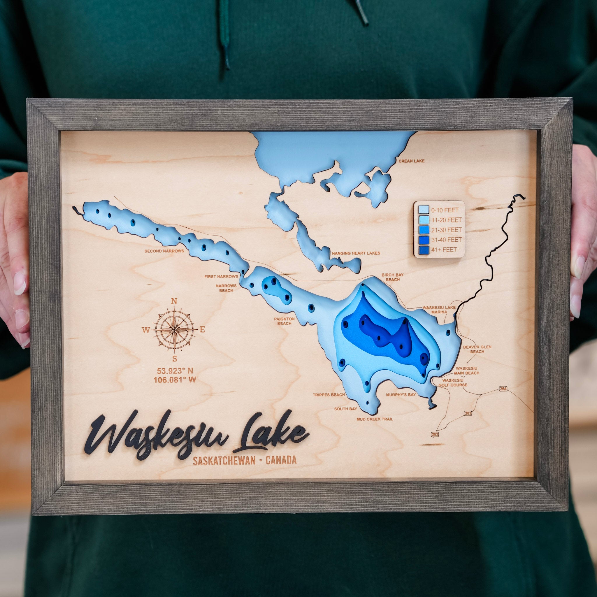 Waskesiu Lake Map • Bathymetric Layered Wood Depth Map • For Lake Lovers