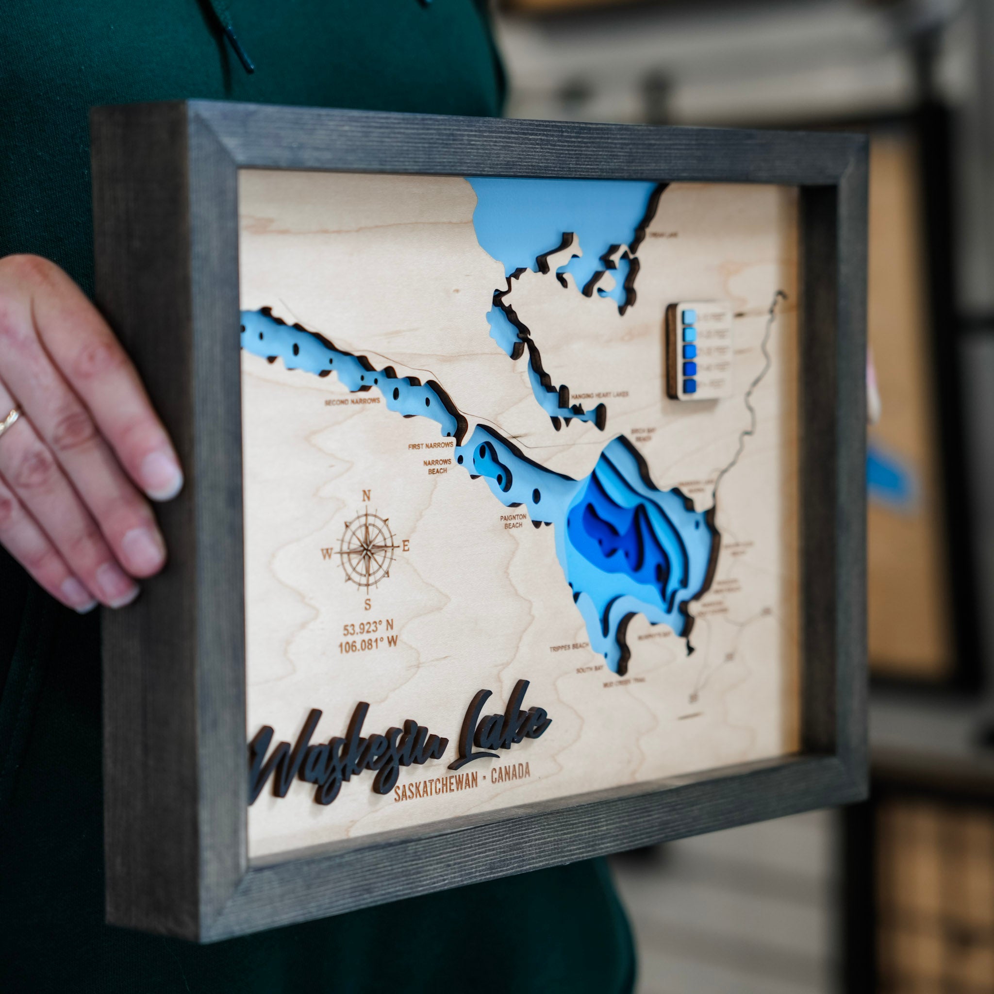 Waskesiu Lake Map • Bathymetric Layered Wood Depth Map • For Lake Lovers