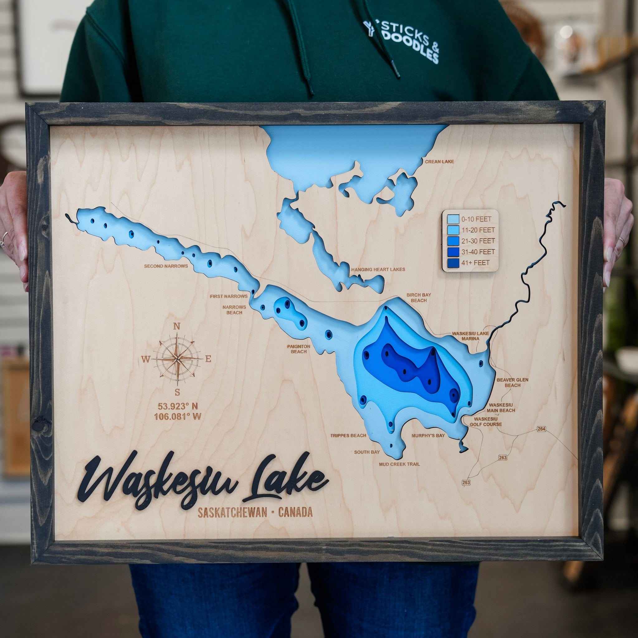 Waskesiu Lake Map • Bathymetric Layered Wood Depth Map • For Lake Lovers