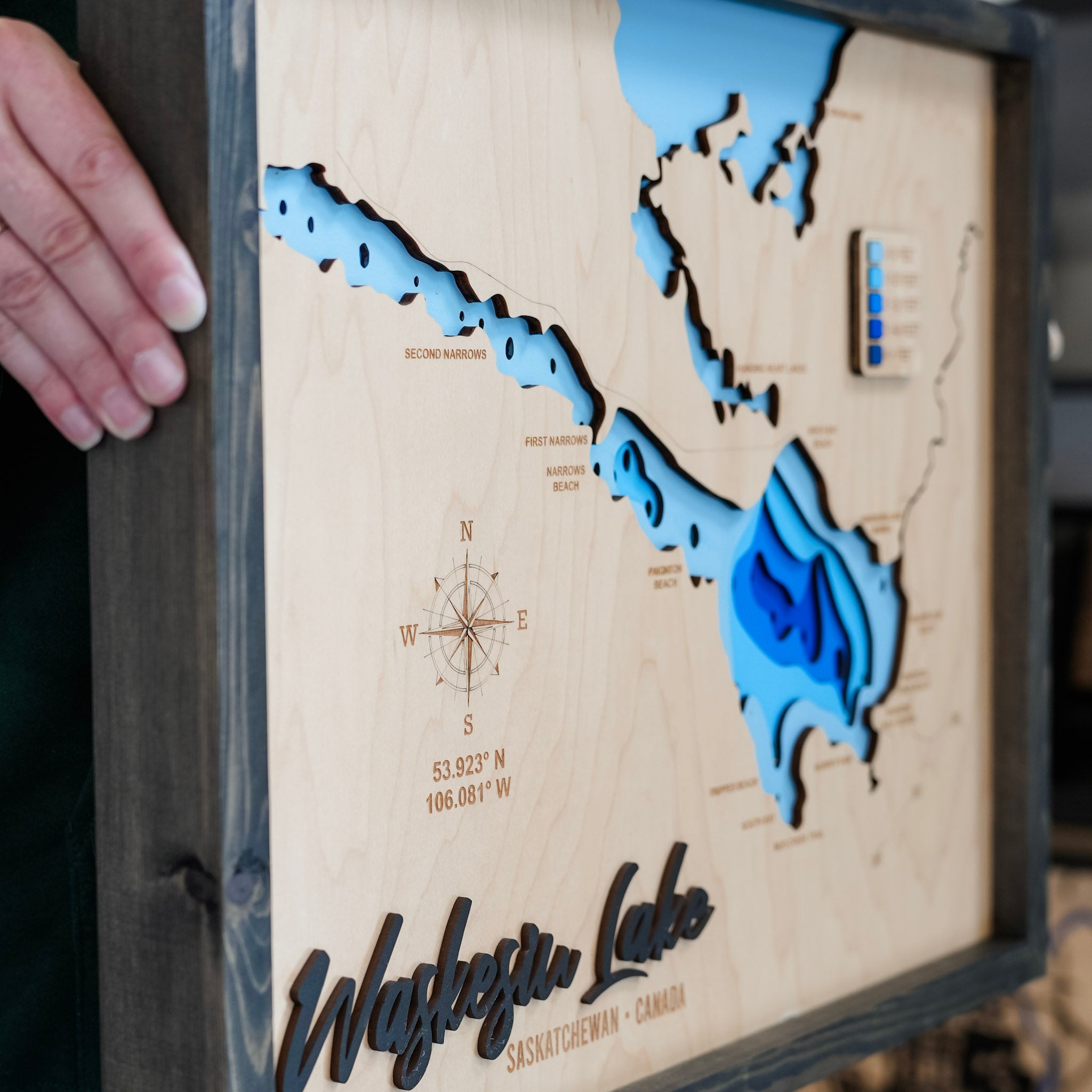 Waskesiu Lake Map • Bathymetric Layered Wood Depth Map • For Lake Lovers