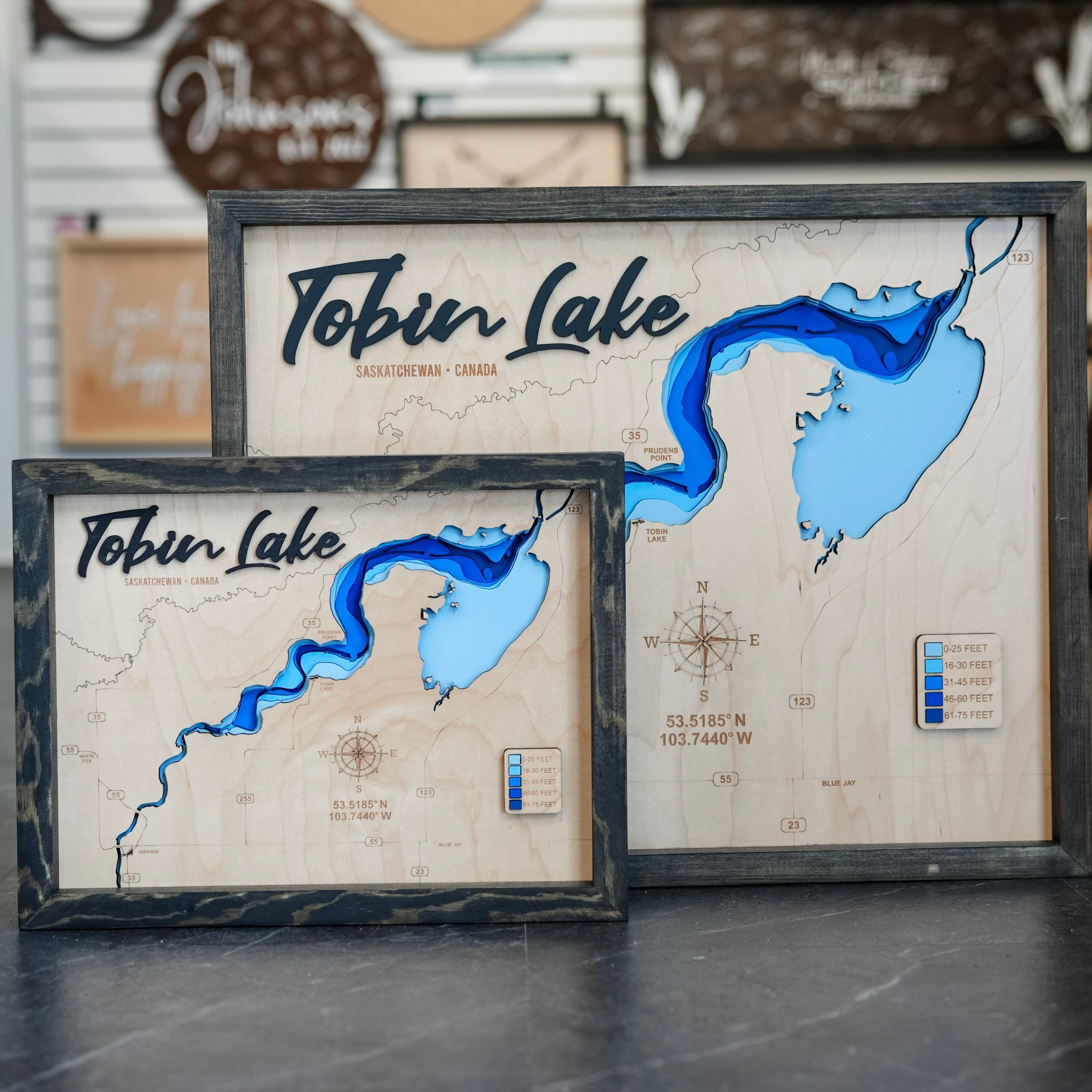 Tobin Lake Map • Bathymetric Layered Wood Depth Map • For Lake Lovers