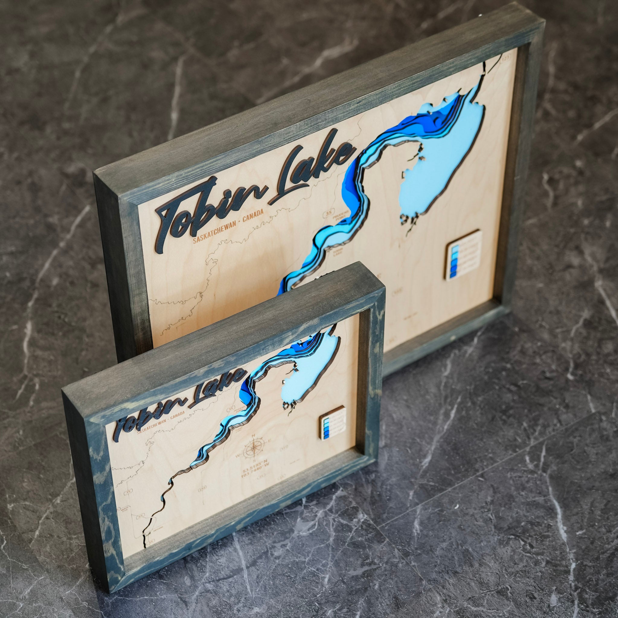 Tobin Lake Map • Bathymetric Layered Wood Depth Map • For Lake Lovers