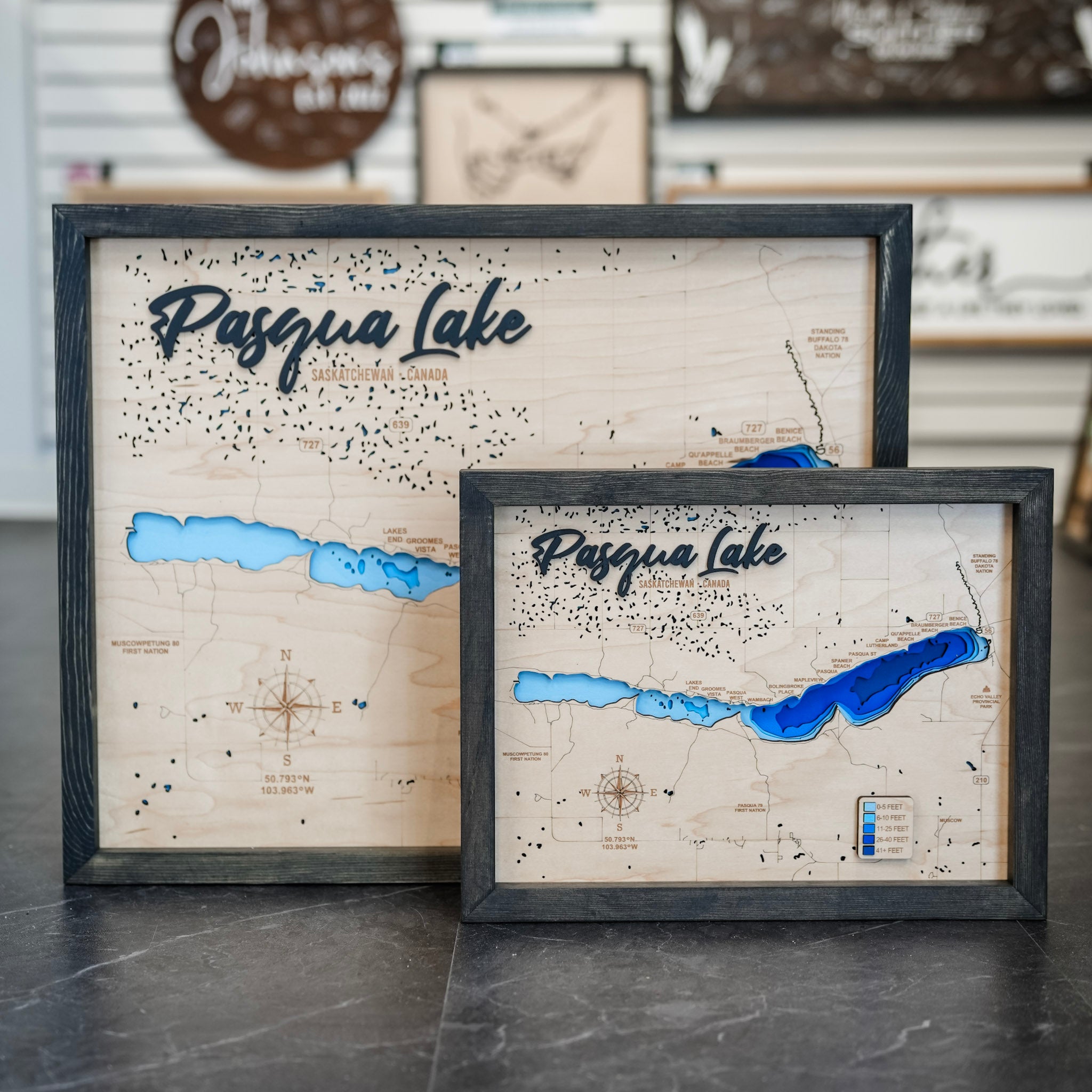 Pasqua Lake Map • Bathymetric Layered Wood Depth Map • For Lake Lovers