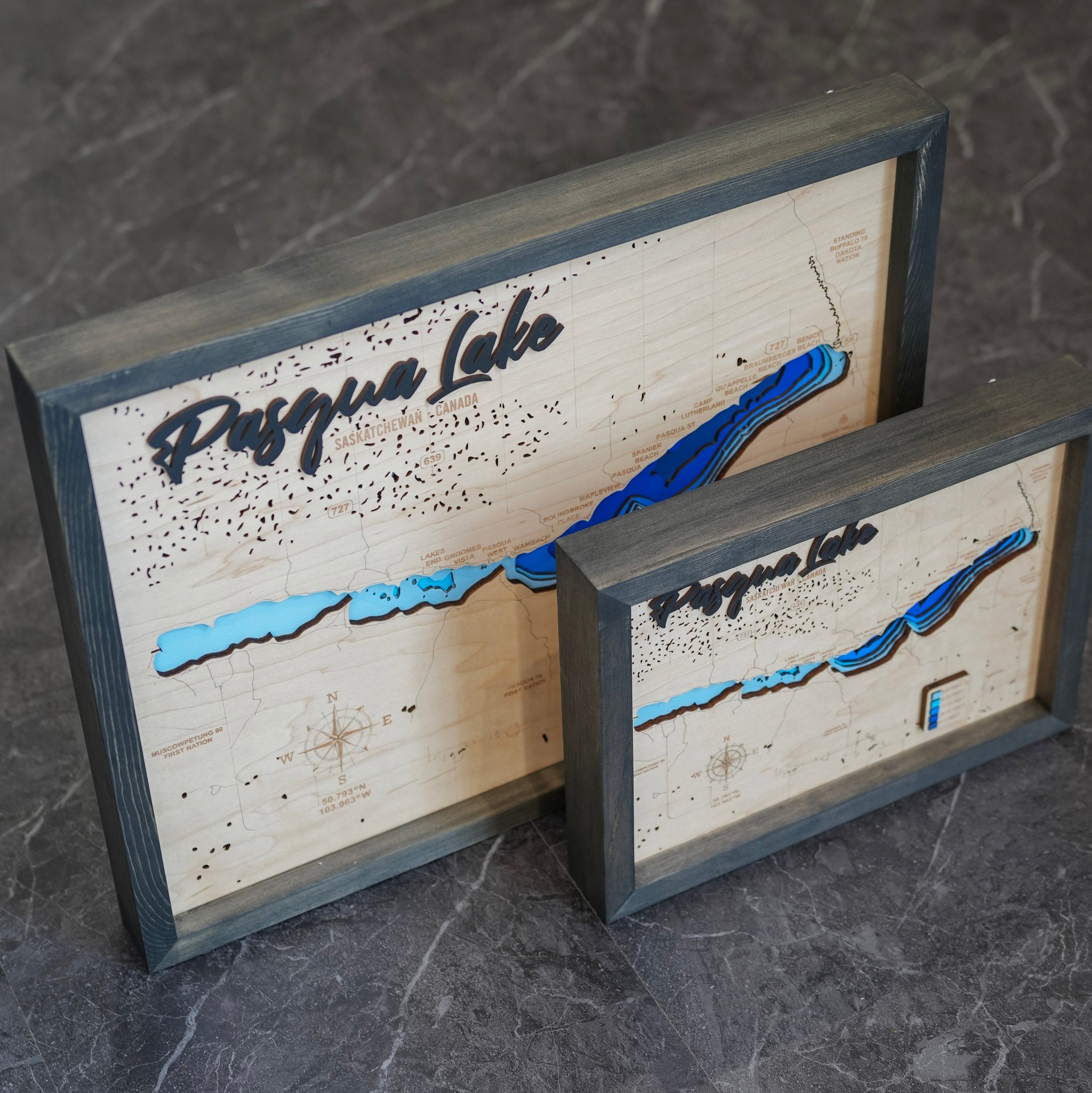 Pasqua Lake Map • Bathymetric Layered Wood Depth Map • For Lake Lovers