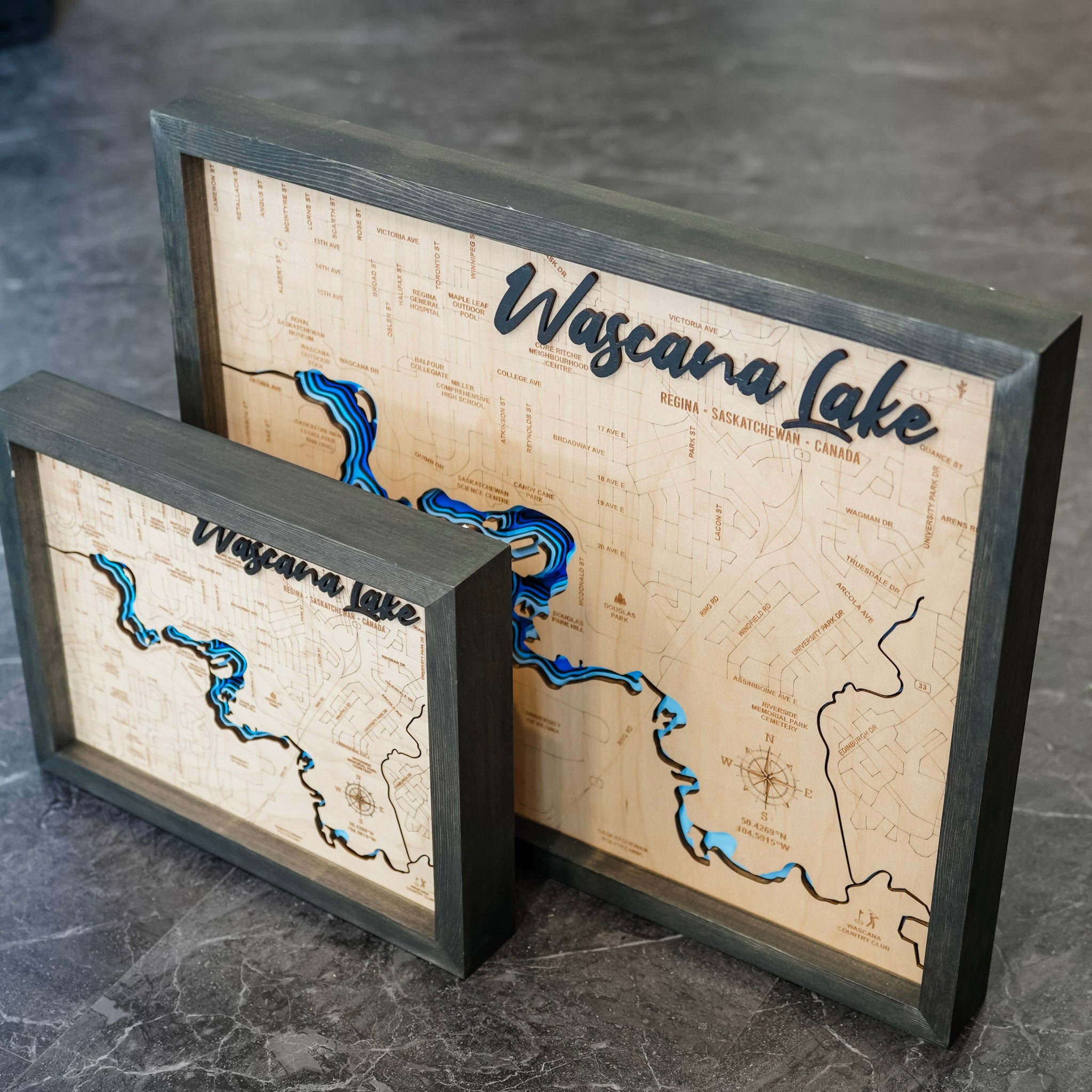 Wascana Lake Map • Bathymetric Layered Wood Depth Map • For Lake Lovers