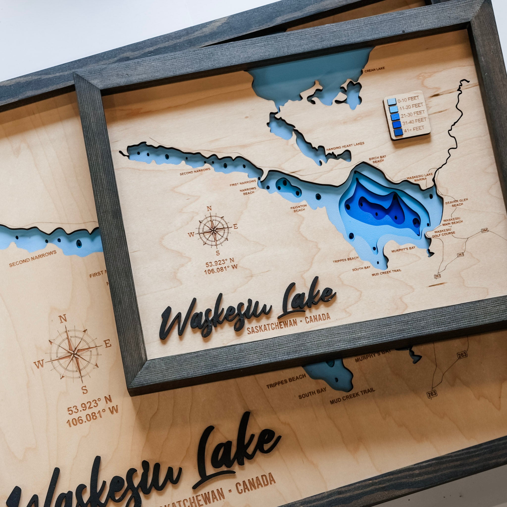 Waskesiu Lake Map • Bathymetric Layered Wood Depth Map • For Lake Lovers
