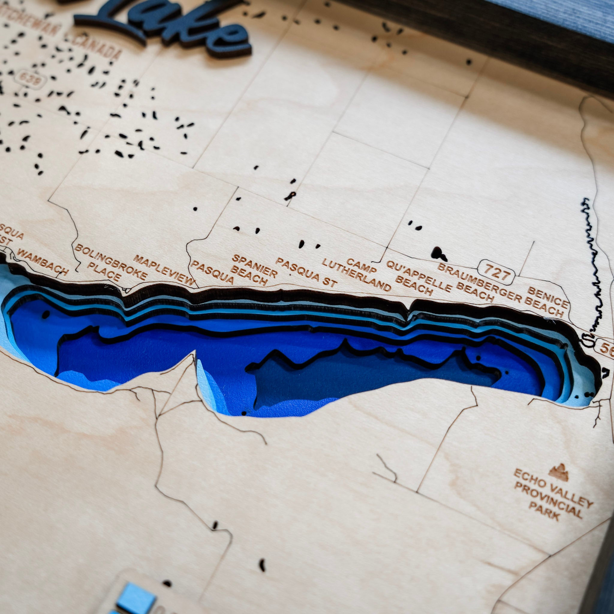 Pasqua Lake Map • Bathymetric Layered Wood Depth Map • For Lake Lovers