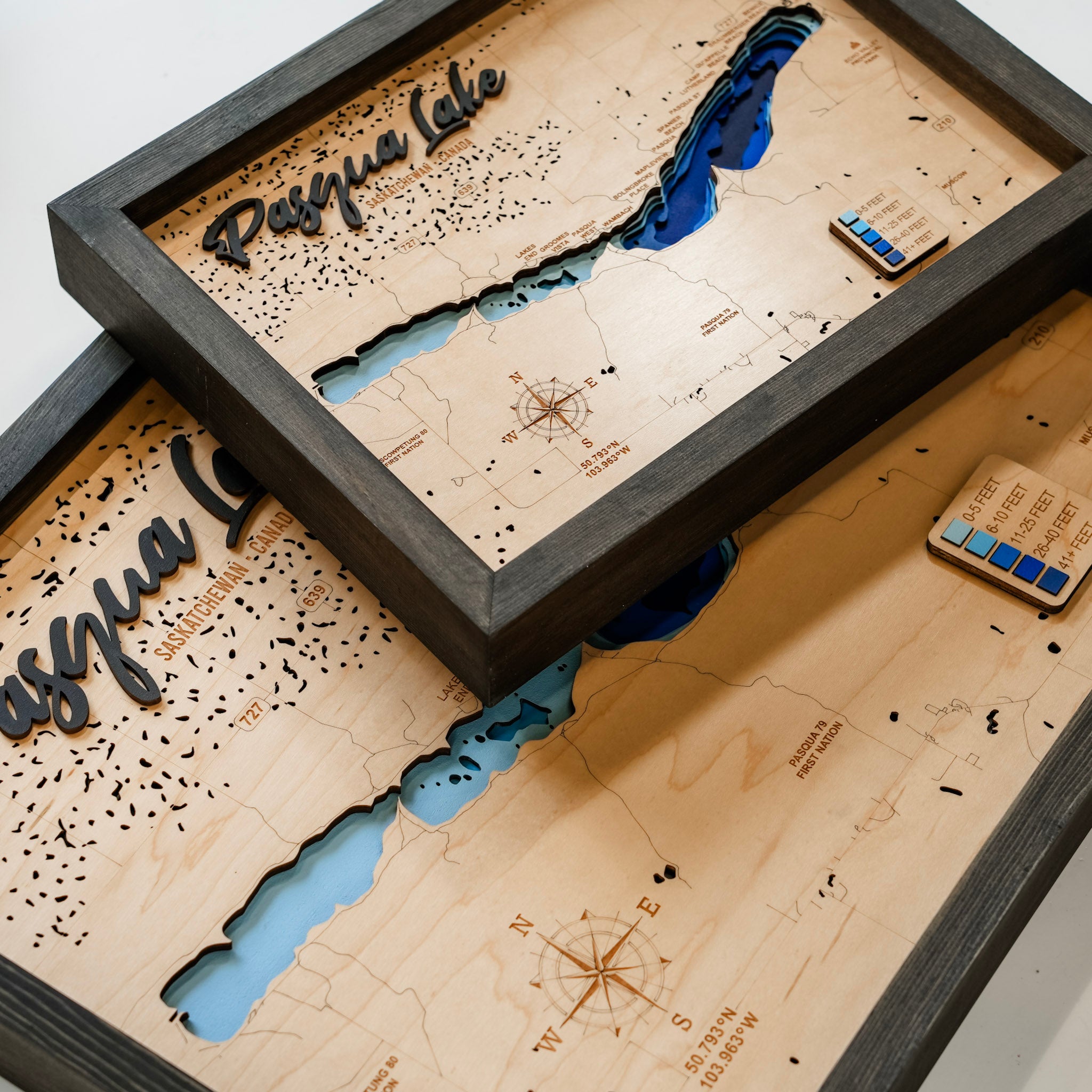Pasqua Lake Map • Bathymetric Layered Wood Depth Map • For Lake Lovers