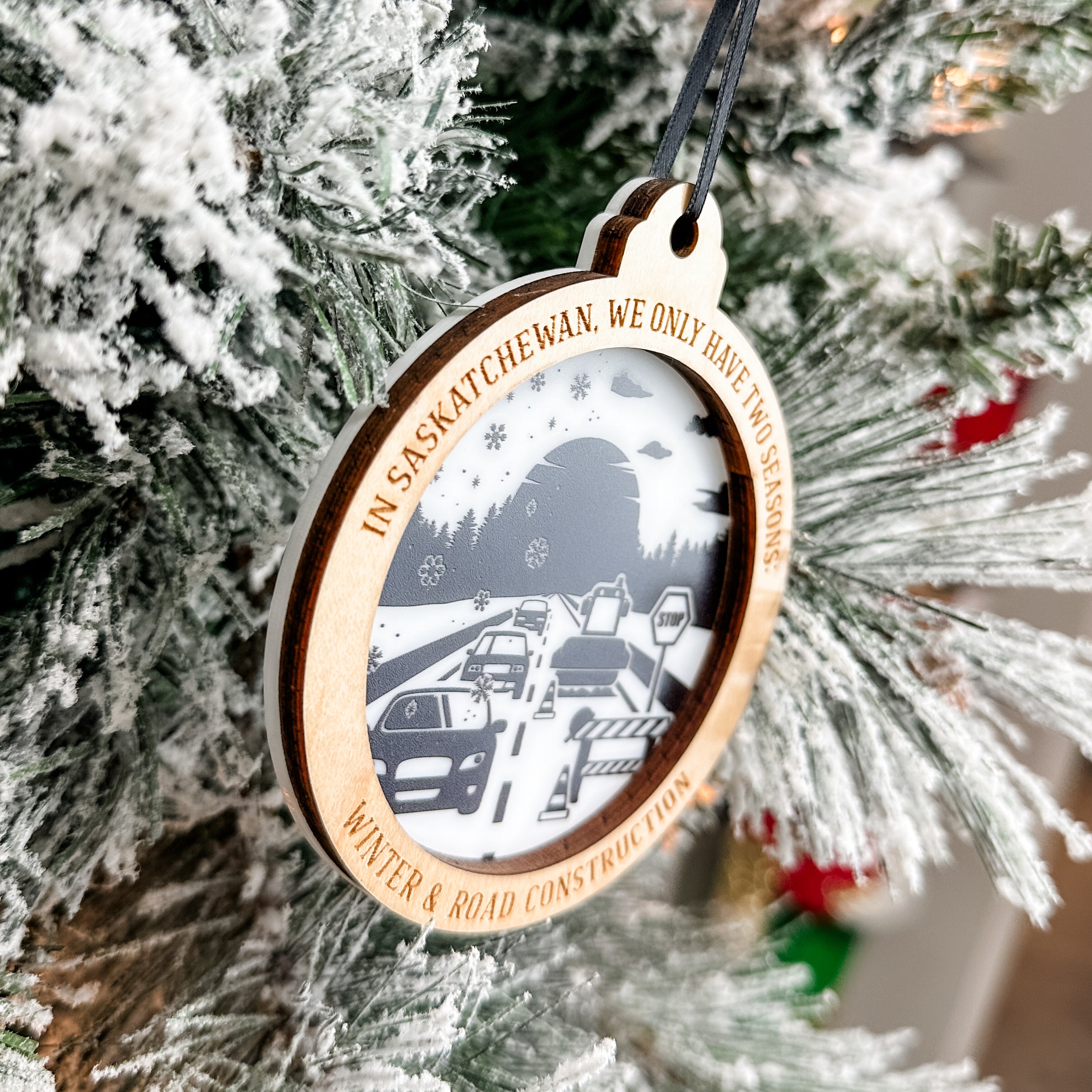 Winter & Road Construction • 3D Wood & Acrylic Ornament