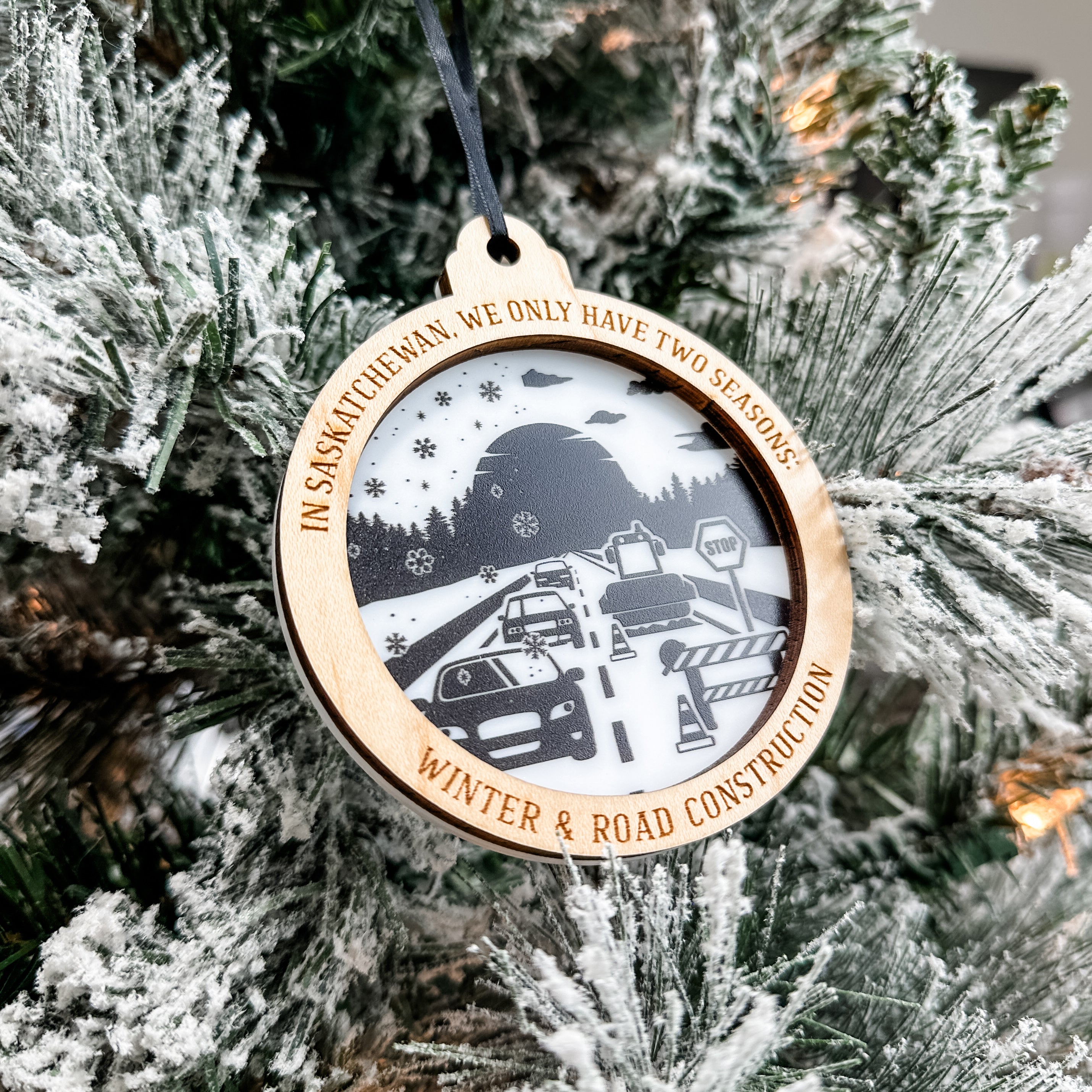 Winter & Road Construction • 3D Wood & Acrylic Ornament