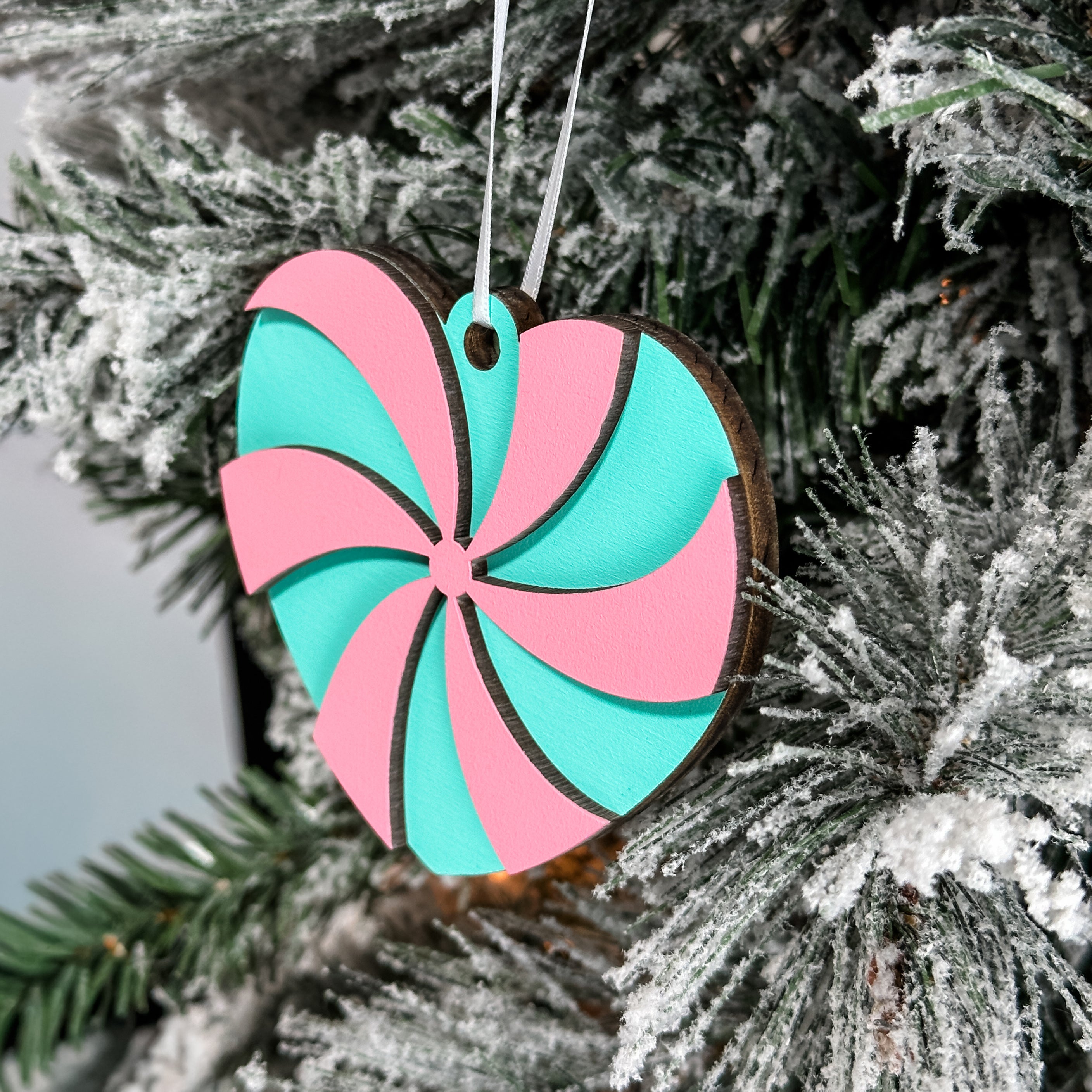 Heart Pinwheel Candy • 3D Wood Ornament • For Christmas & Candy Lovers