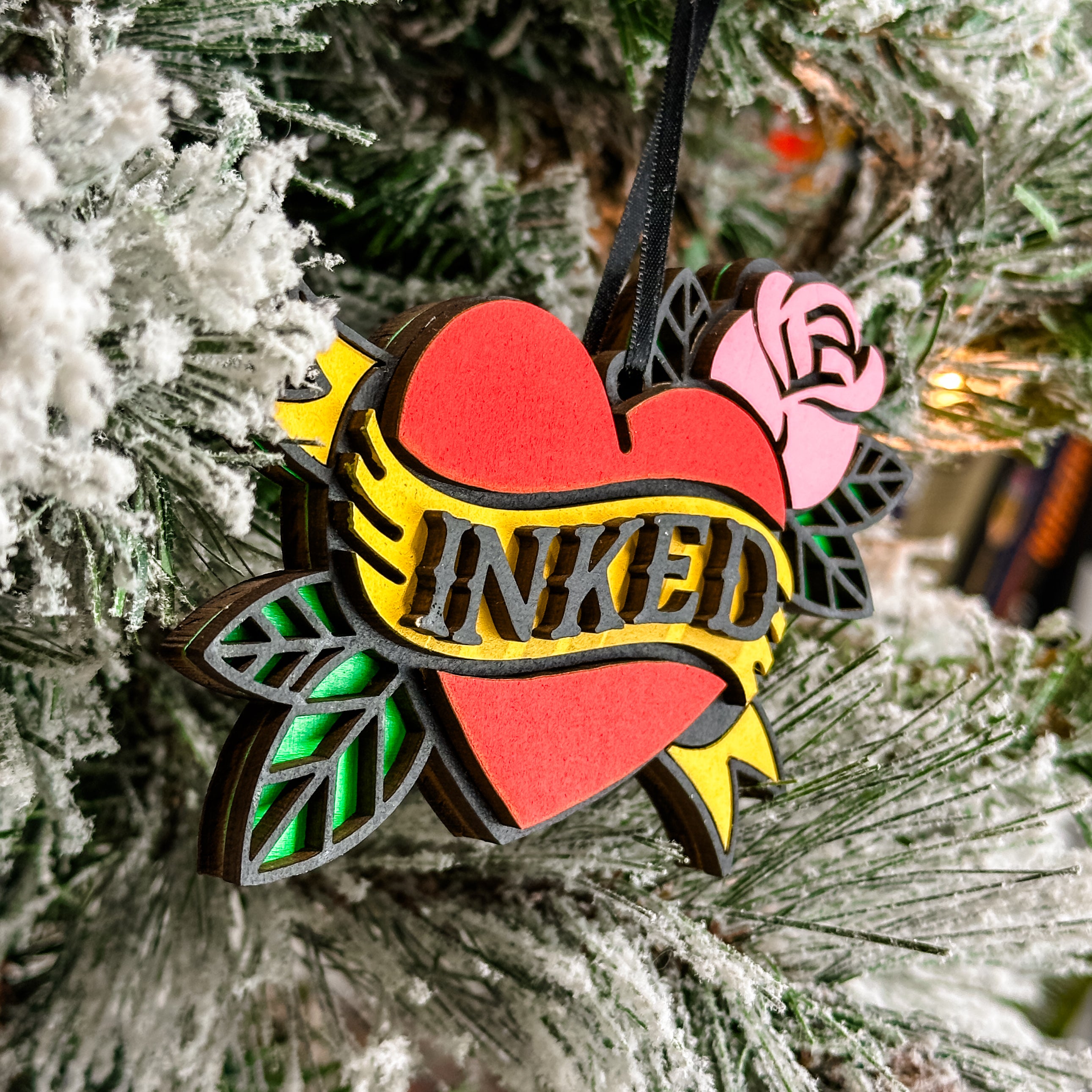 Tattoo Heart • Personalized 3D Wood Ornament • For Ink Lovers & Tattoo Artists