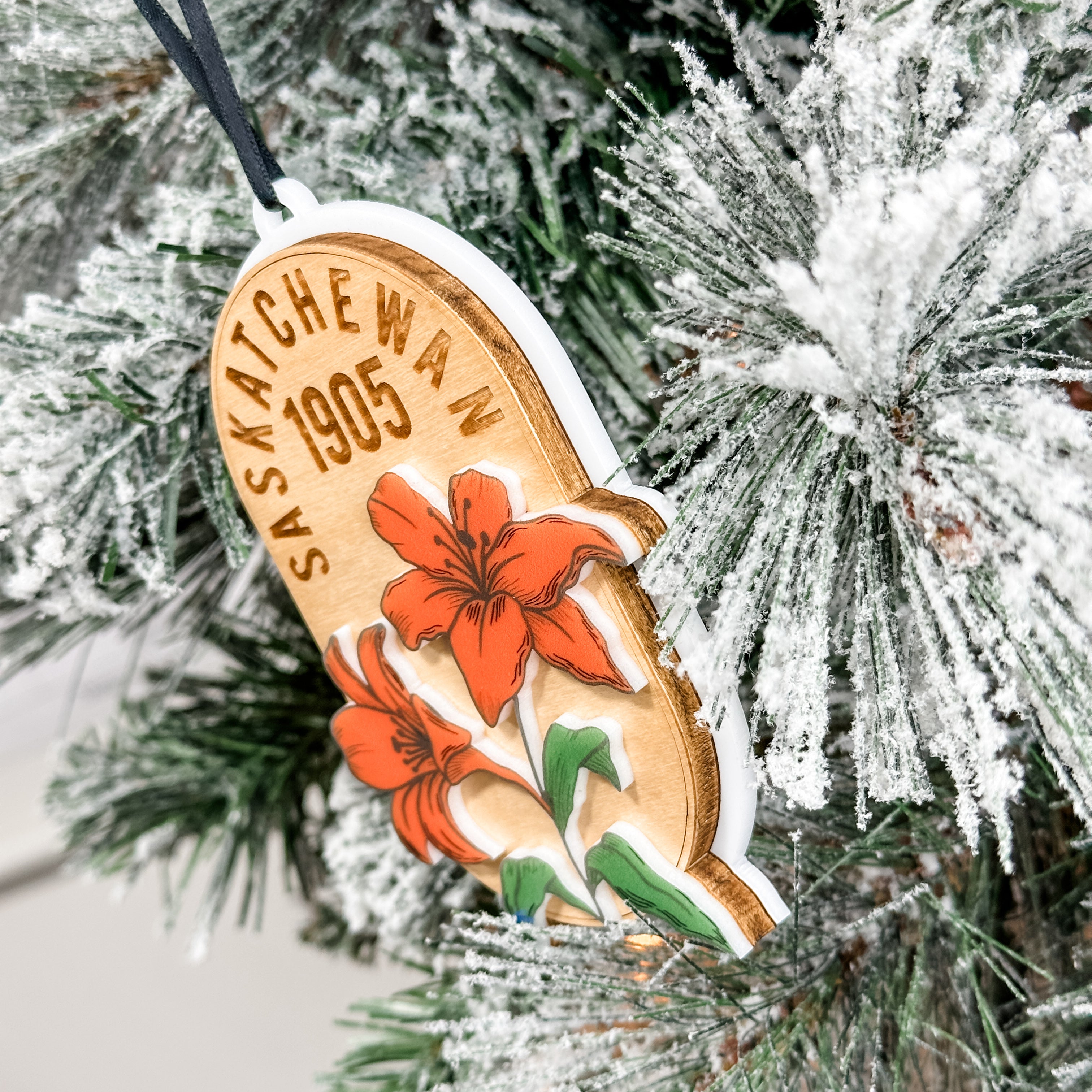 Saskatchewan 1905 Lily Ornament • Handcrafted from Wood and Acrylic • For Those Who Love Saskatchewan