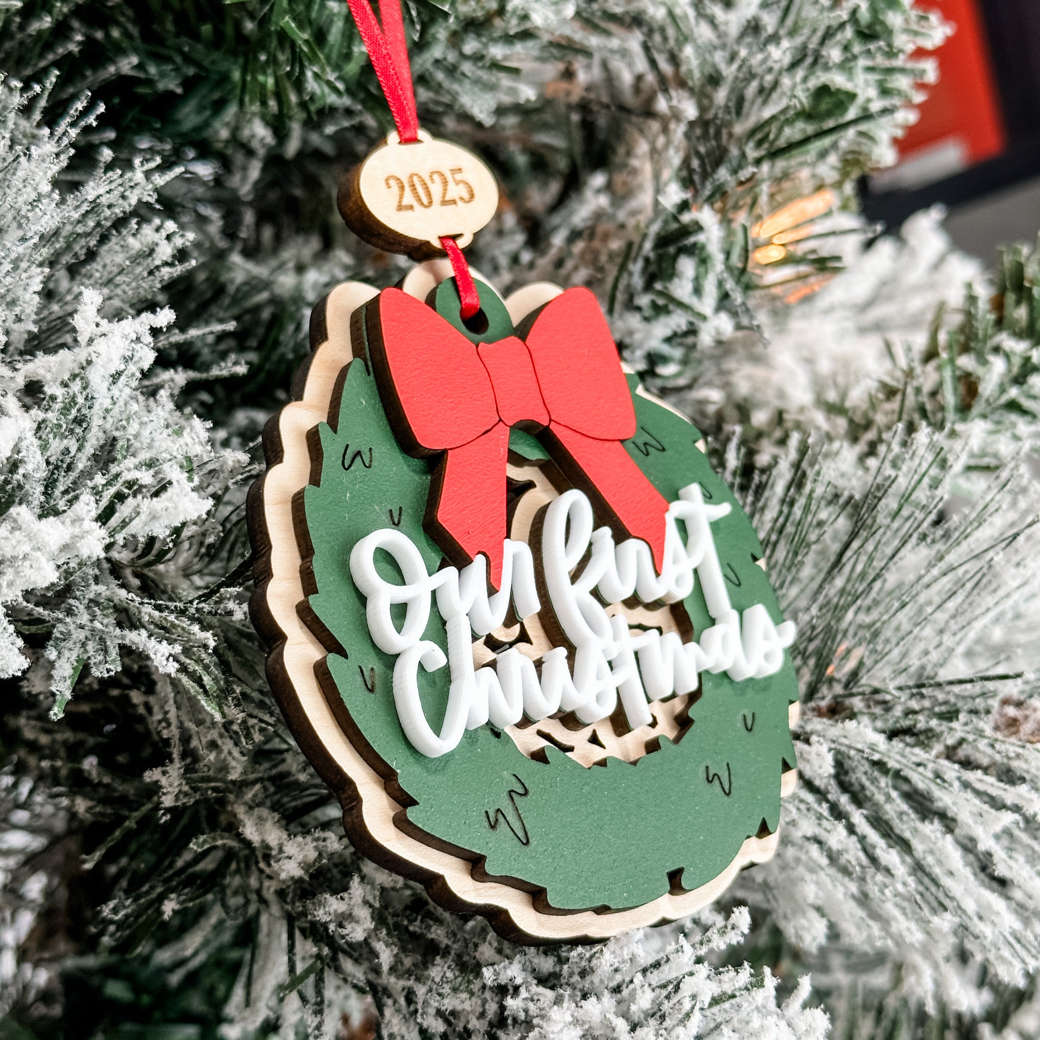 Our First Christmas Wreath • 3D Wood & Acrylic Ornament • For Families