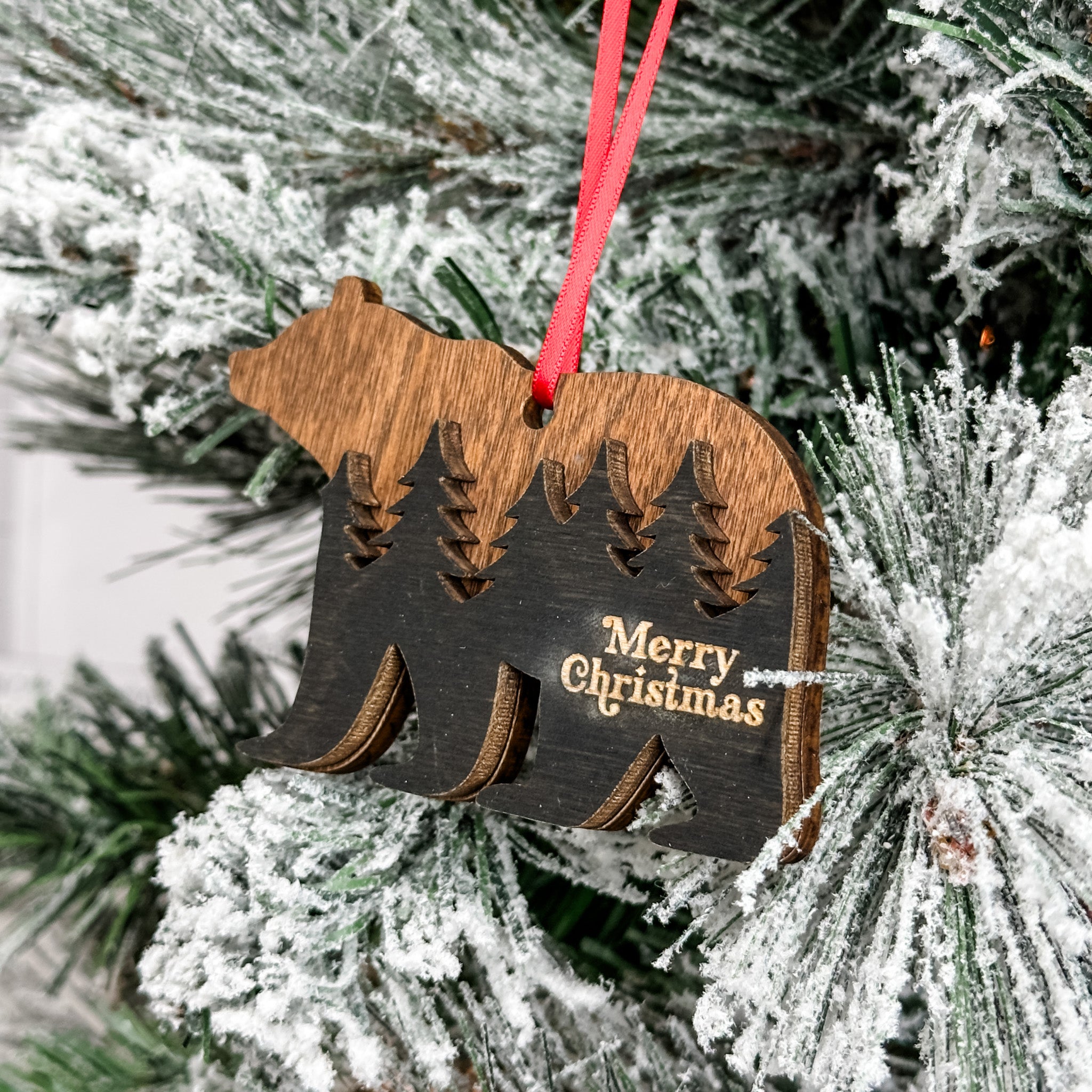 Merry Christmas Bear • 3D Wood Ornament • For Lovers of the Great Outdoors