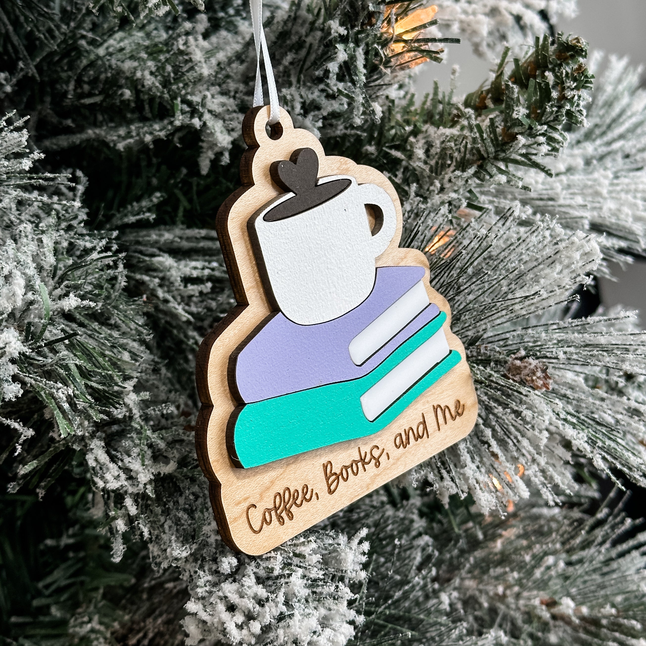 Coffee, Books, and Me • 3D Wood & Acrylic Ornament • For Readers
