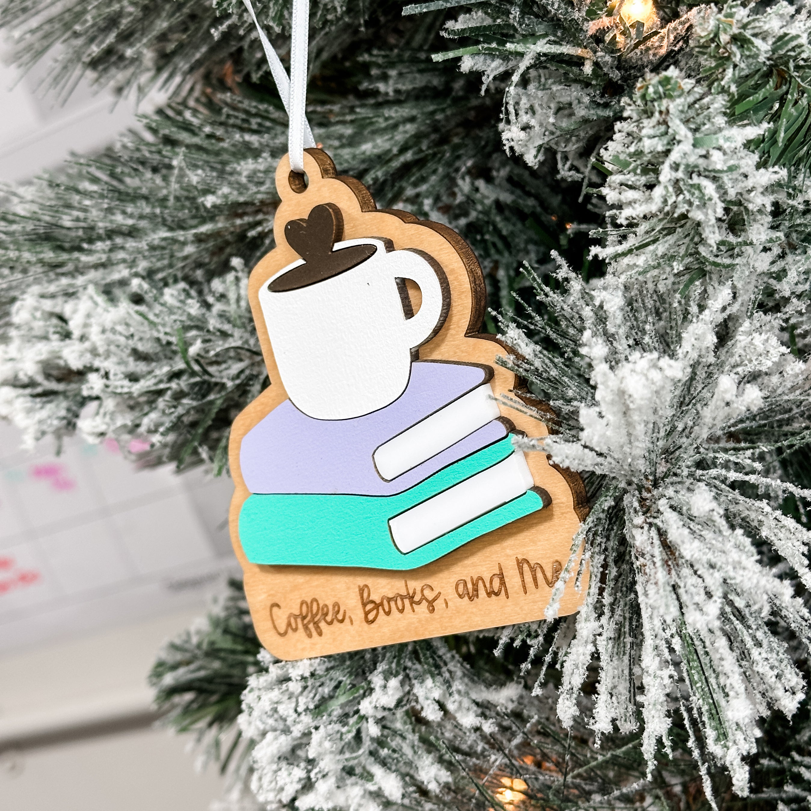 Coffee, Books, and Me • 3D Wood & Acrylic Ornament • For Readers