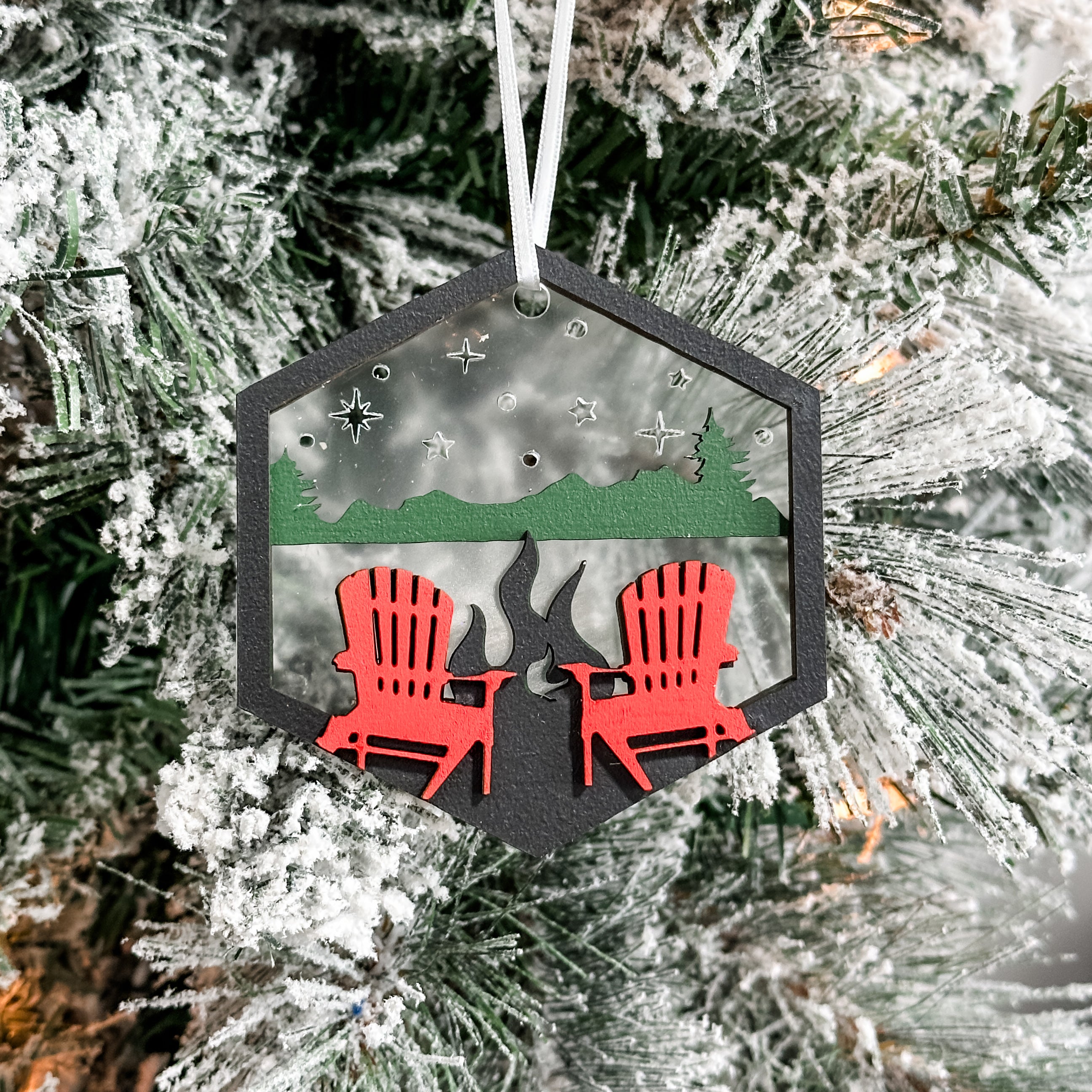 The Red Chairs • 3D Wood & Acrylic Ornament • For Lake Lovers