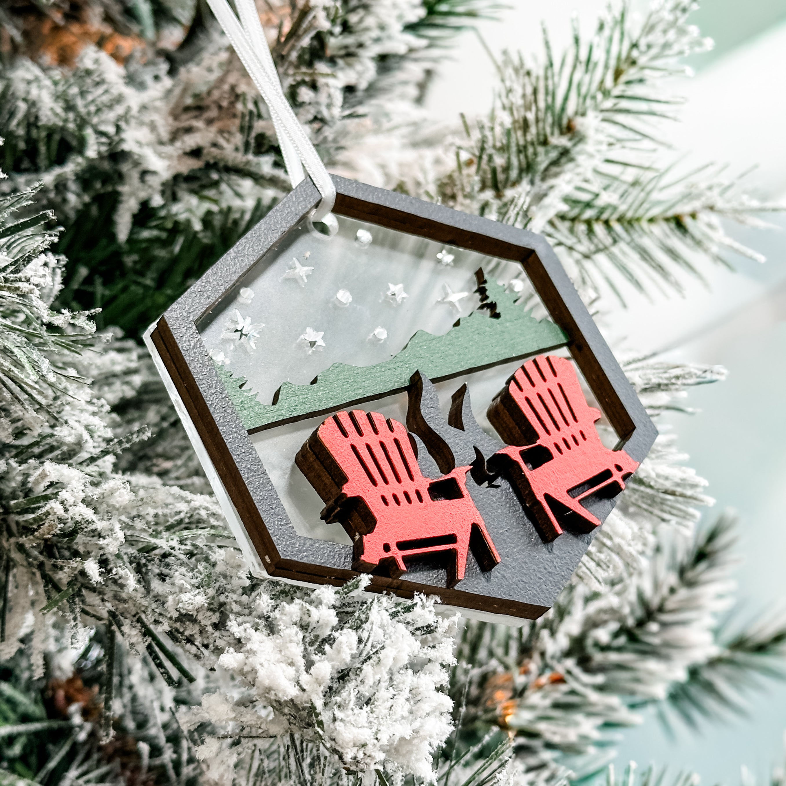 The Red Chairs • 3D Wood & Acrylic Ornament • For Lake Lovers