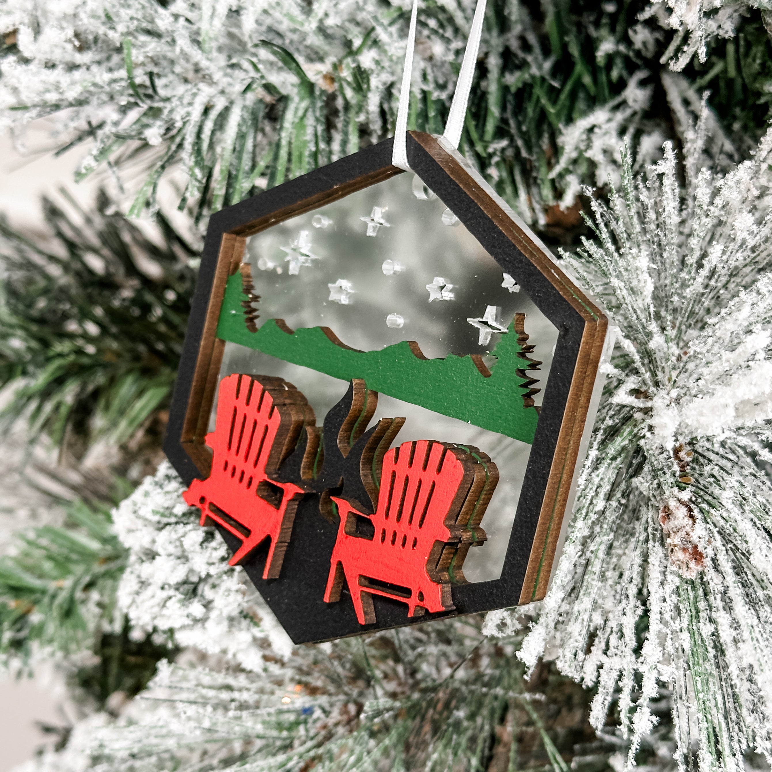 The Red Chairs • 3D Wood & Acrylic Ornament • For Lake Lovers