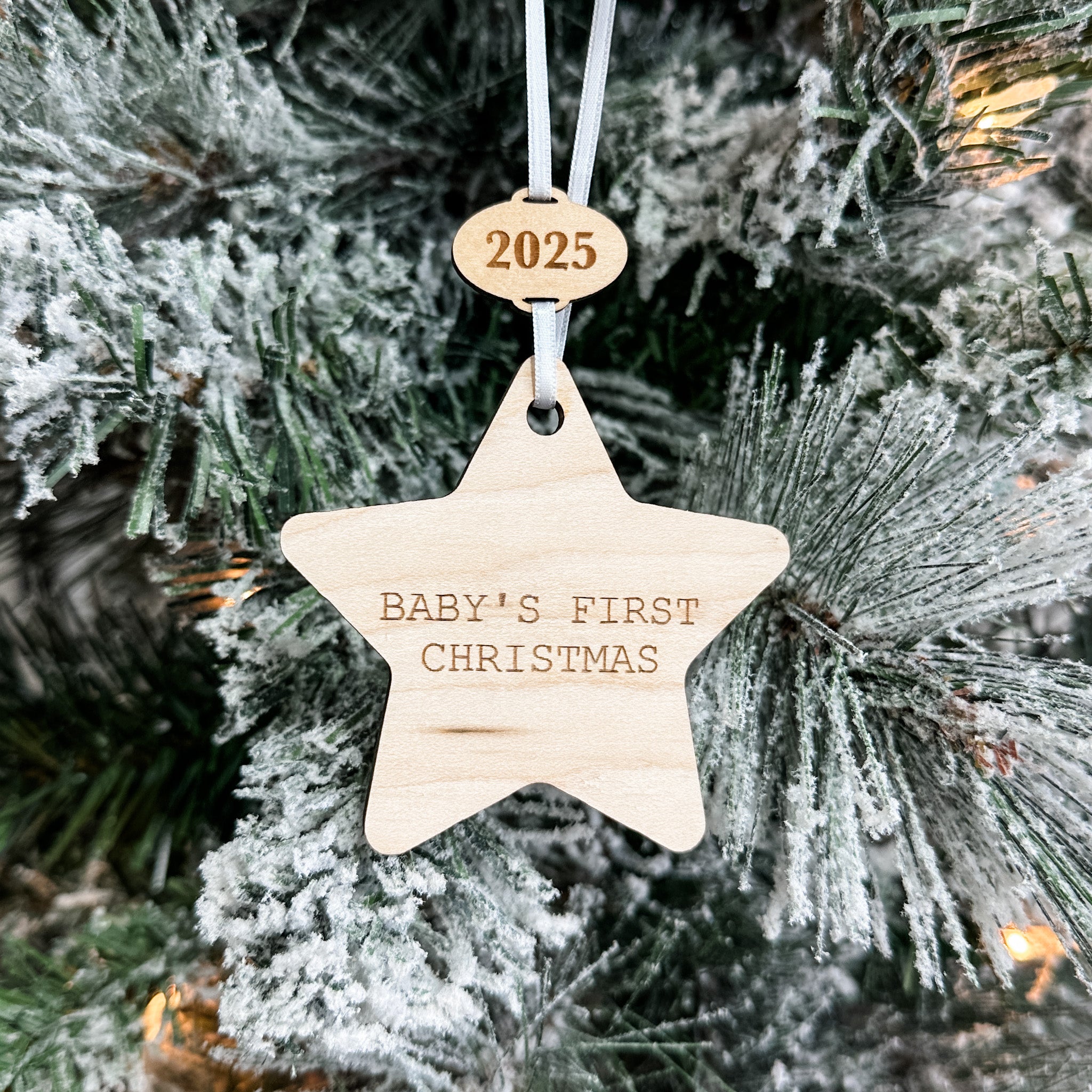 Baby's First Christmas Star • Engraved Wood Ornament • For Newborns