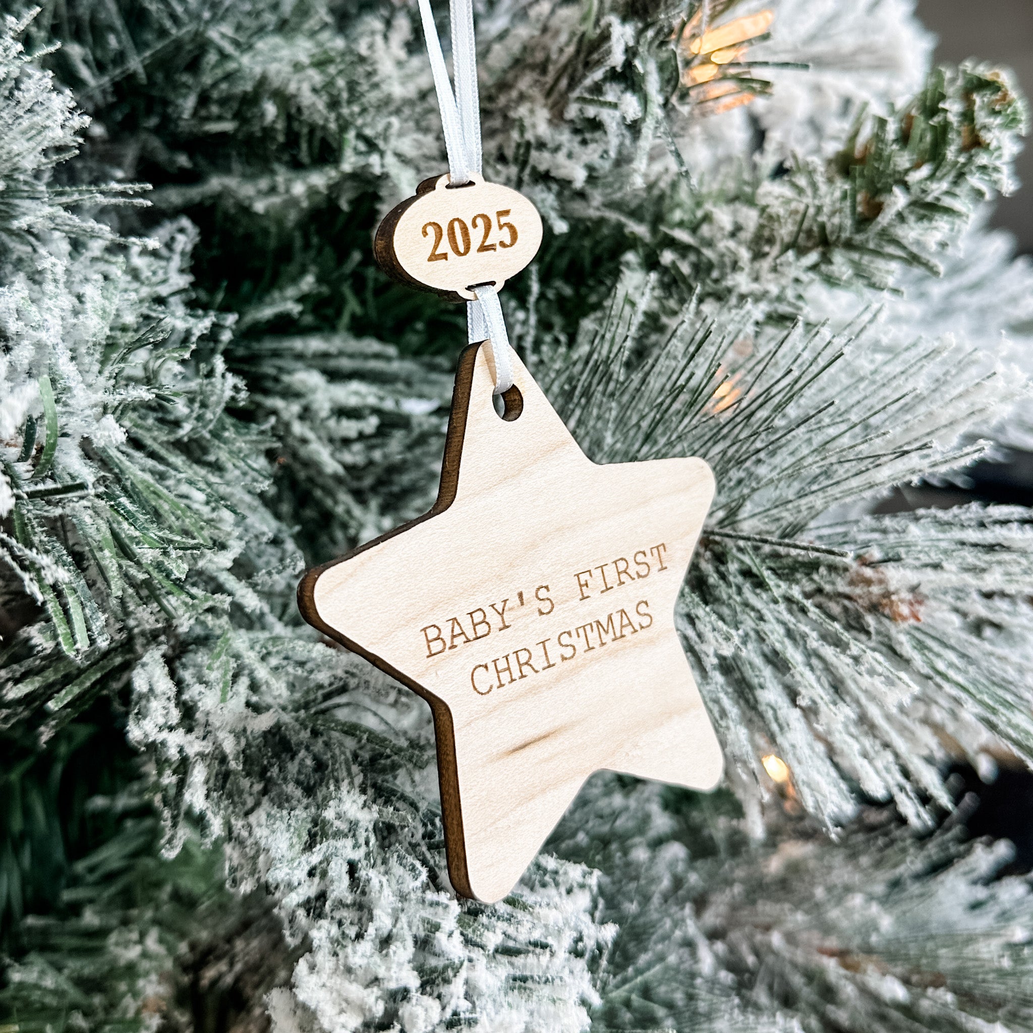 Baby's First Christmas Star • Engraved Wood Ornament • For Newborns