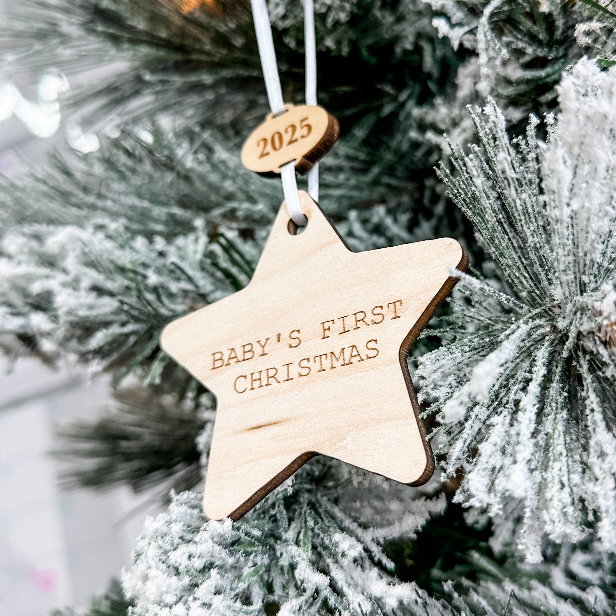 Baby's First Christmas Star • Engraved Wood Ornament • For Newborns