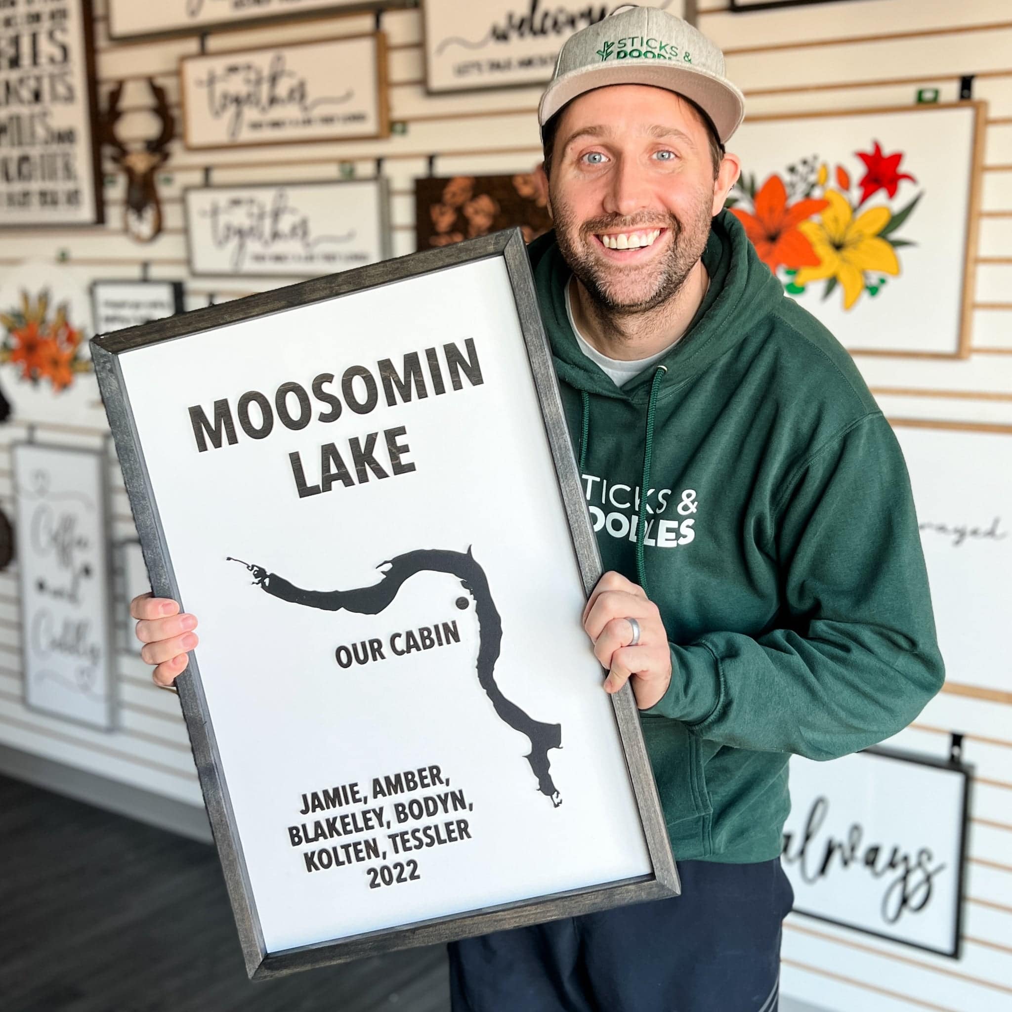 Custom Wood Lake Silhouette Map Art - Sticks & Doodles