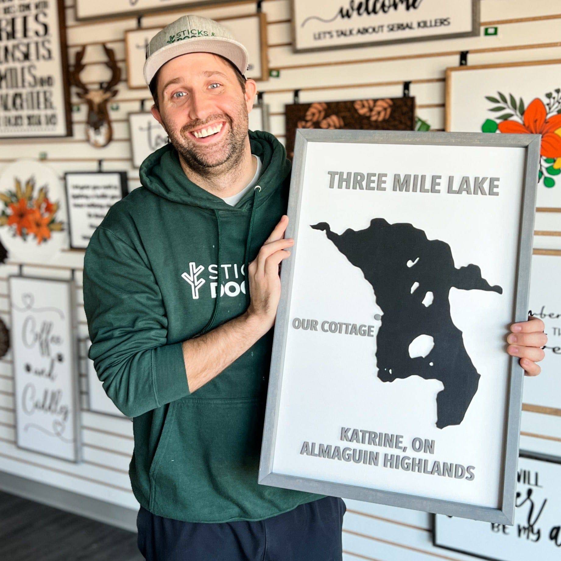 Custom Wood Lake Silhouette Map Art - Sticks & Doodles