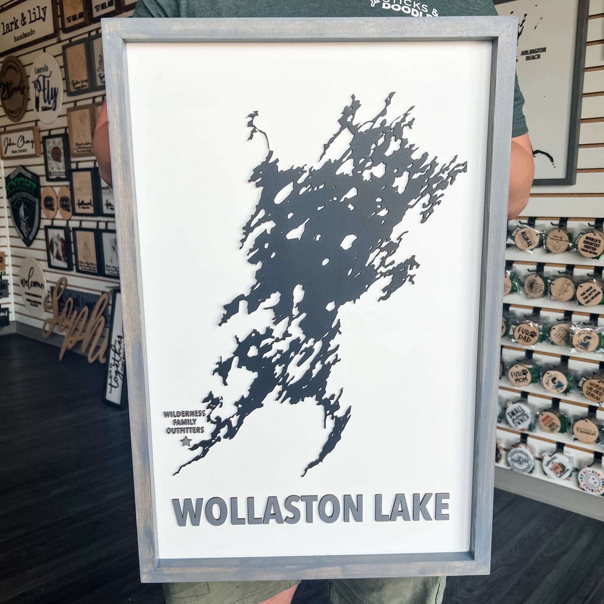 Custom Wood Lake Silhouette Map Art - Sticks & Doodles