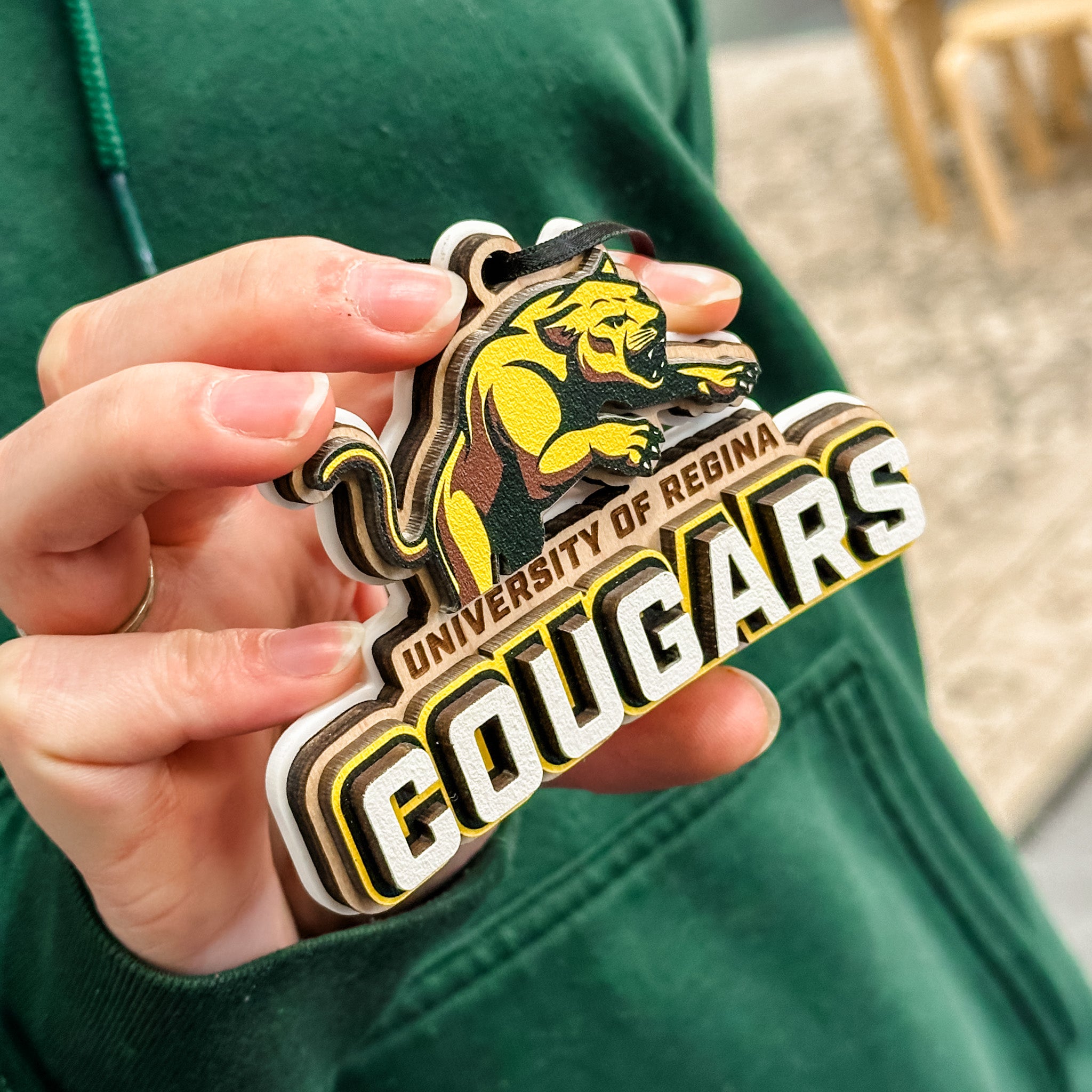 University of Regina Cougars • 3D Wood & Acrylic Ornaments • For Students & Proud Parents