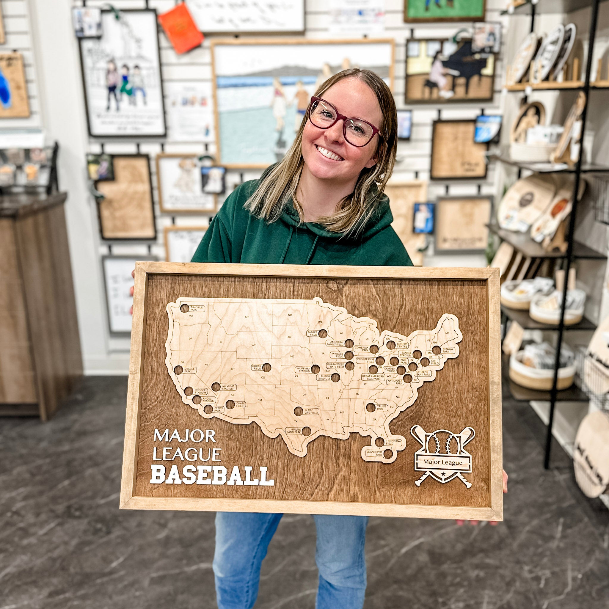 Sports Stadium Travel Map Wood Sign