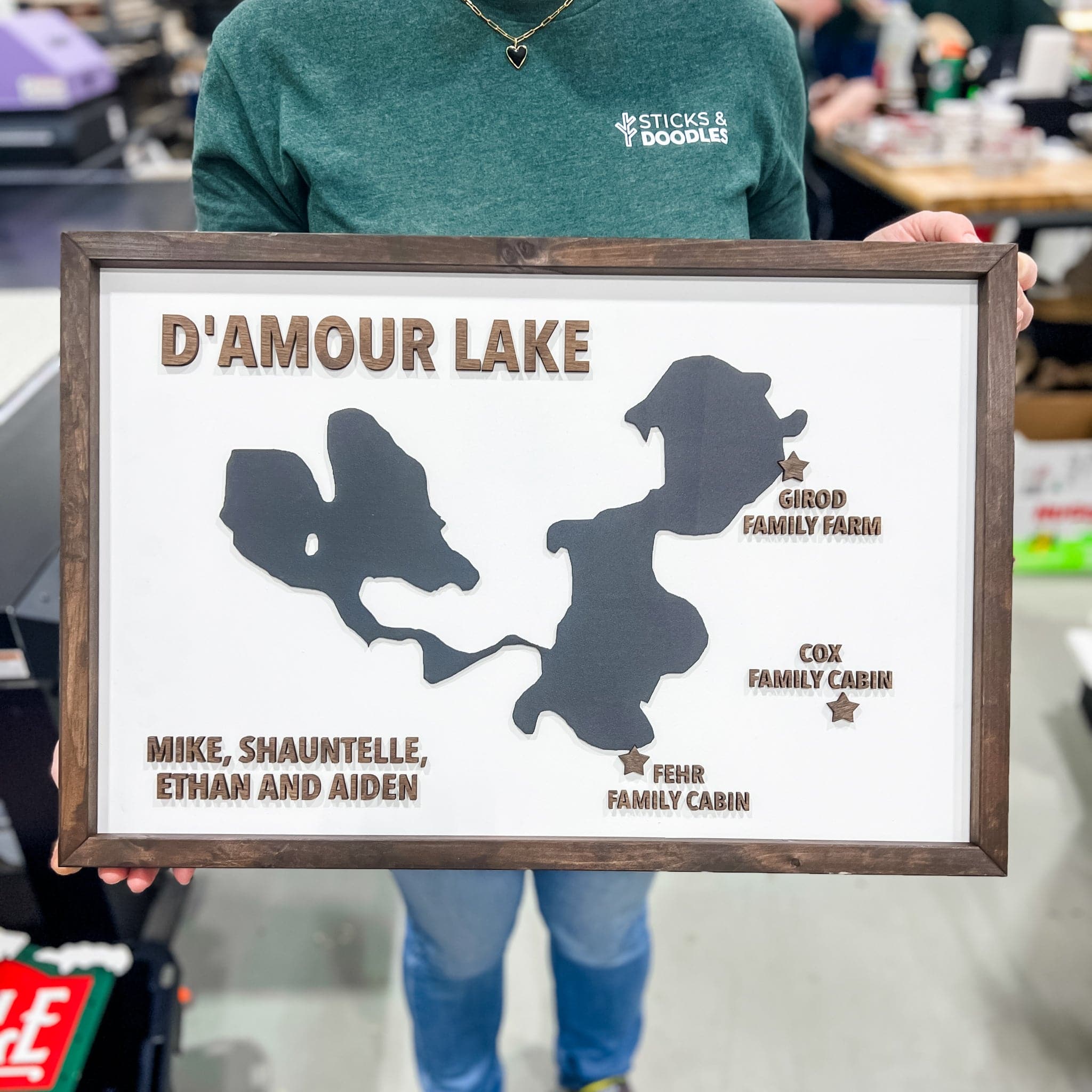 Custom Wood Lake Silhouette Map Art - Sticks & Doodles