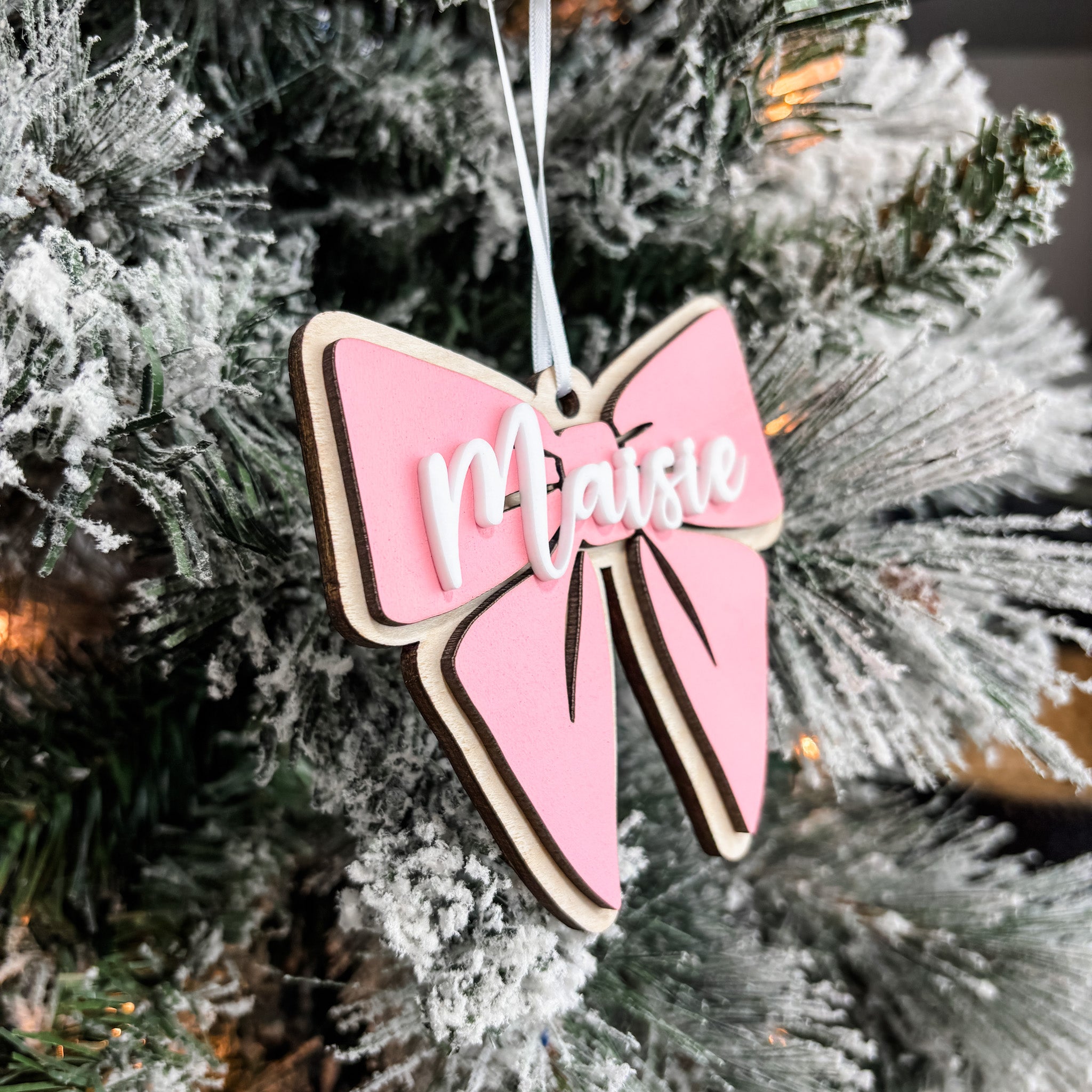 Pretty Pink Bow • Personalized 3D Wood Ornament • For Friends & Family