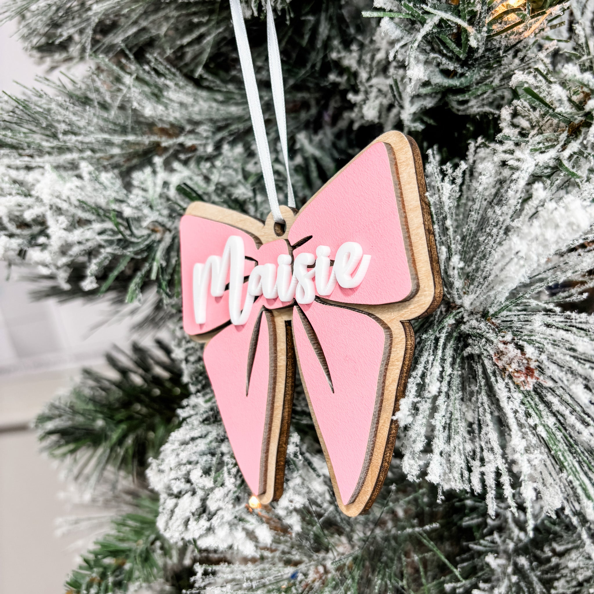 Pretty Pink Bow • Personalized 3D Wood Ornament • For Friends & Family