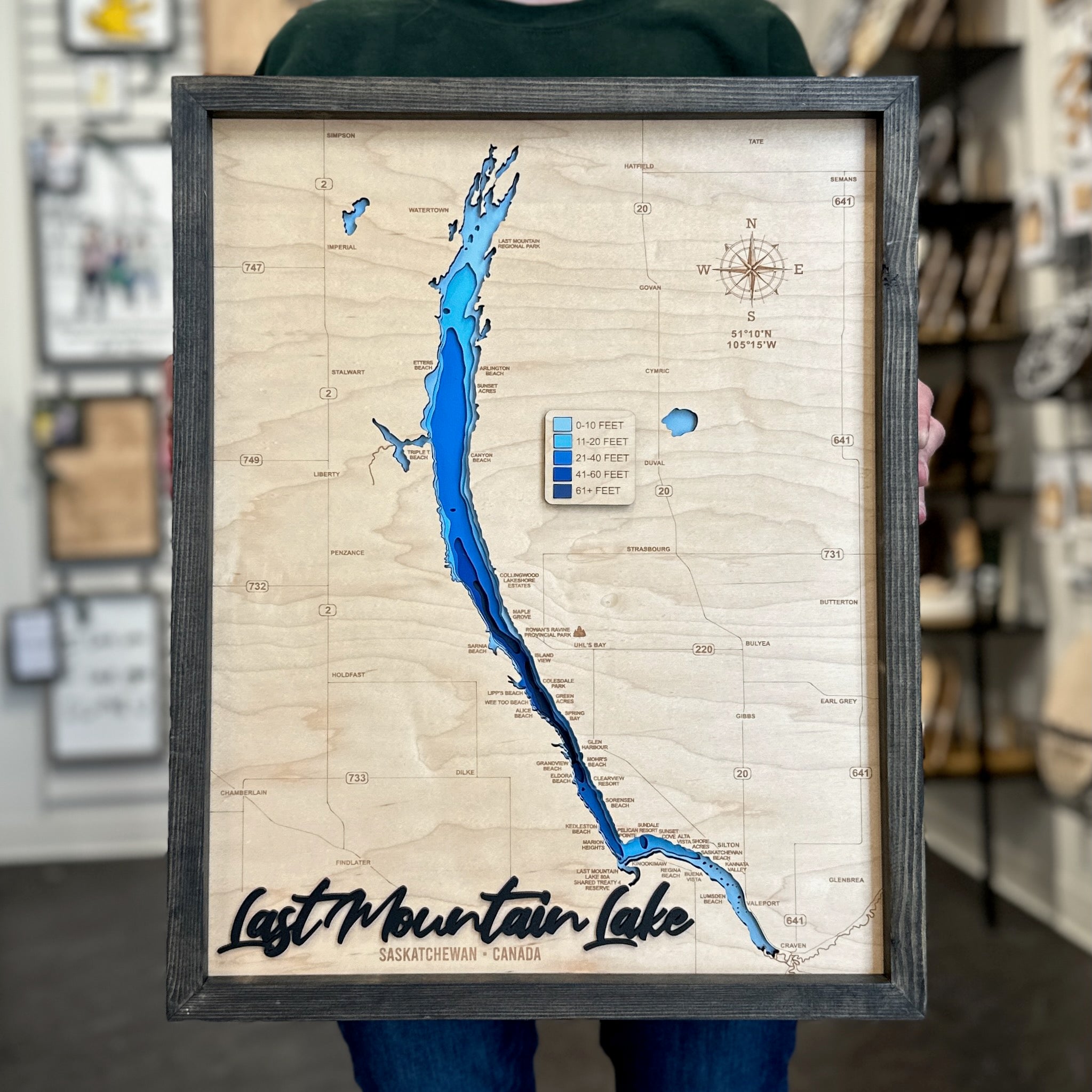 Last Mountain Lake Map • Bathymetric Layered Wood Depth Map of Long Lake • For Lake Lovers