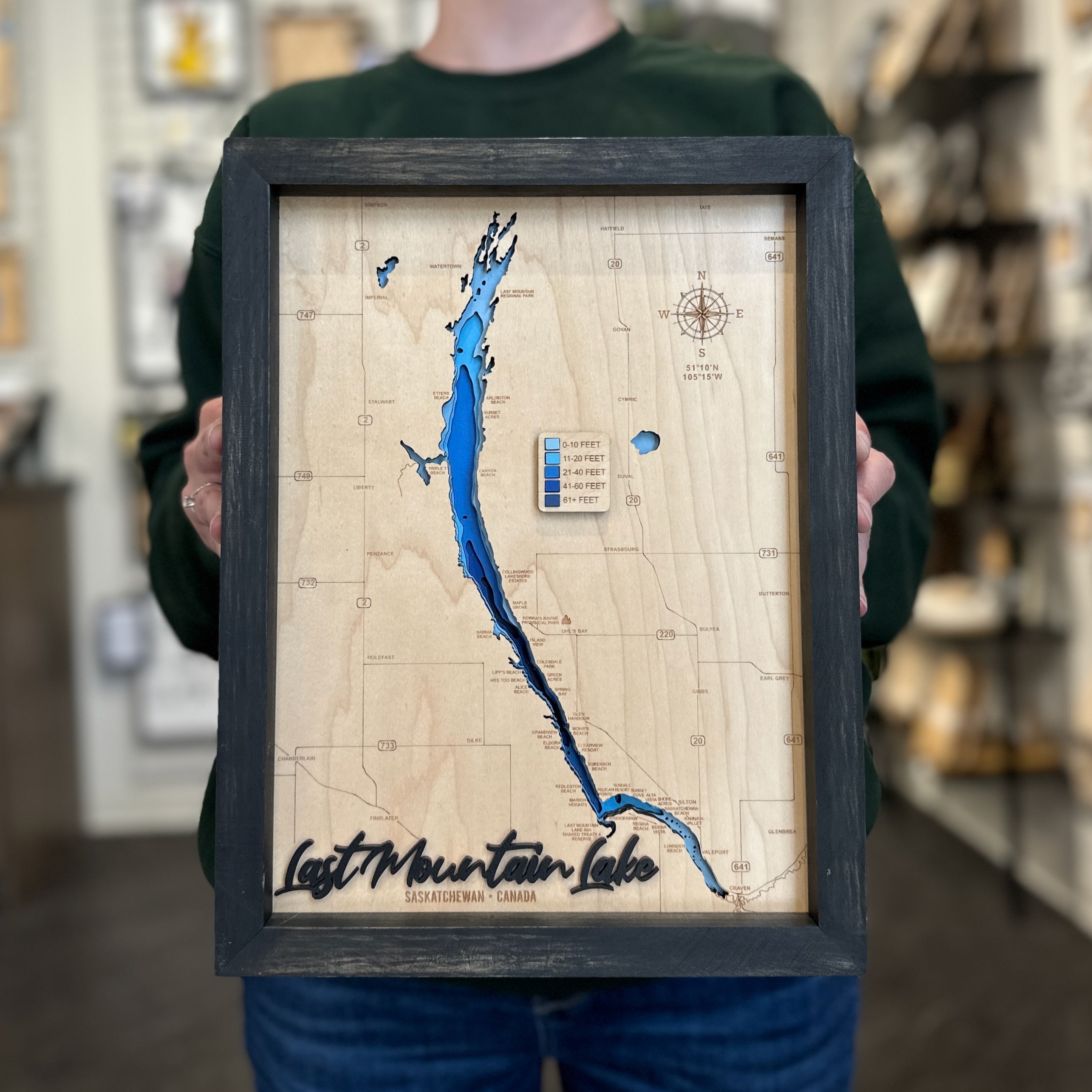 Last Mountain Lake Map • Bathymetric Layered Wood Depth Map of Long Lake • For Lake Lovers