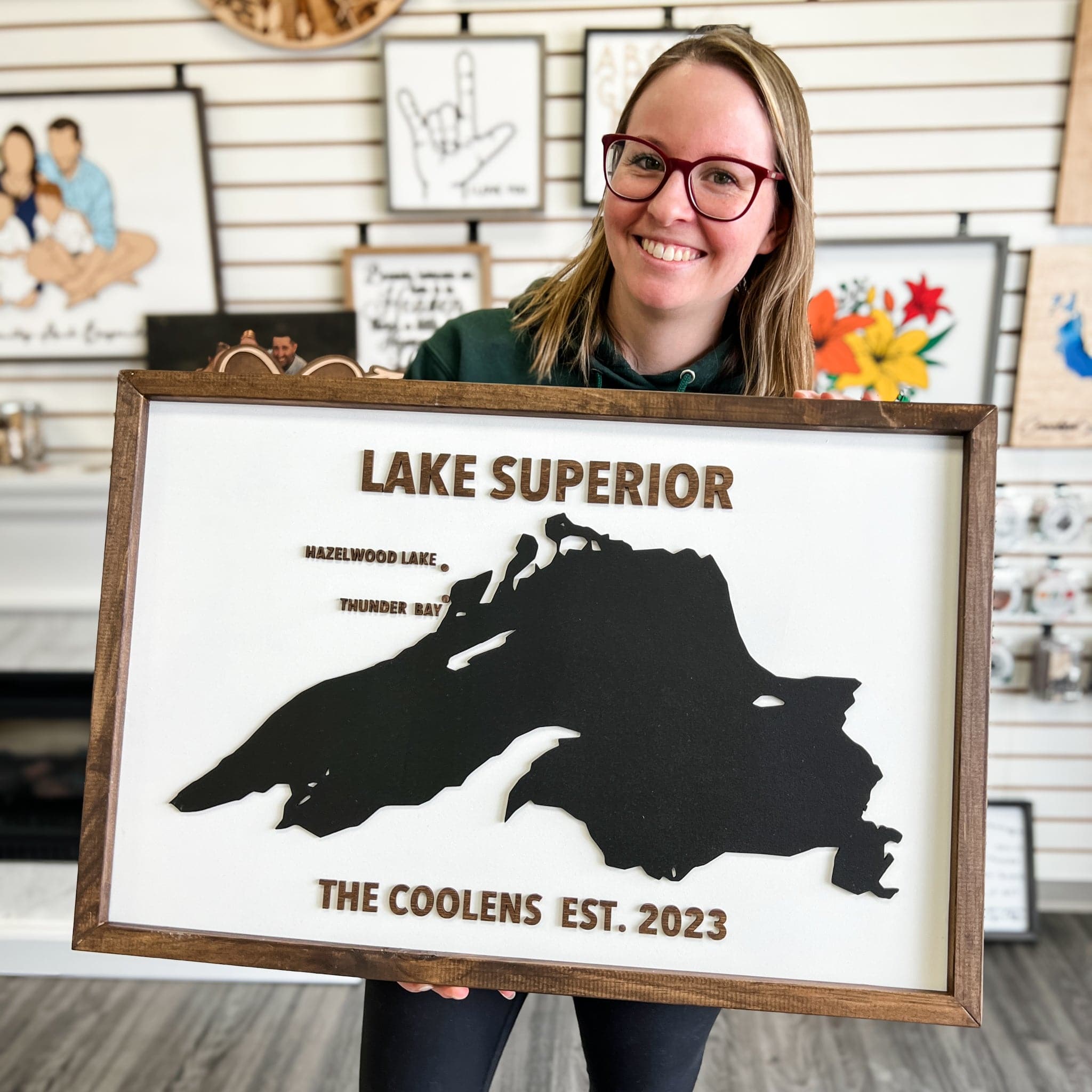 Custom Wood Lake Silhouette Map Art - Sticks & Doodles