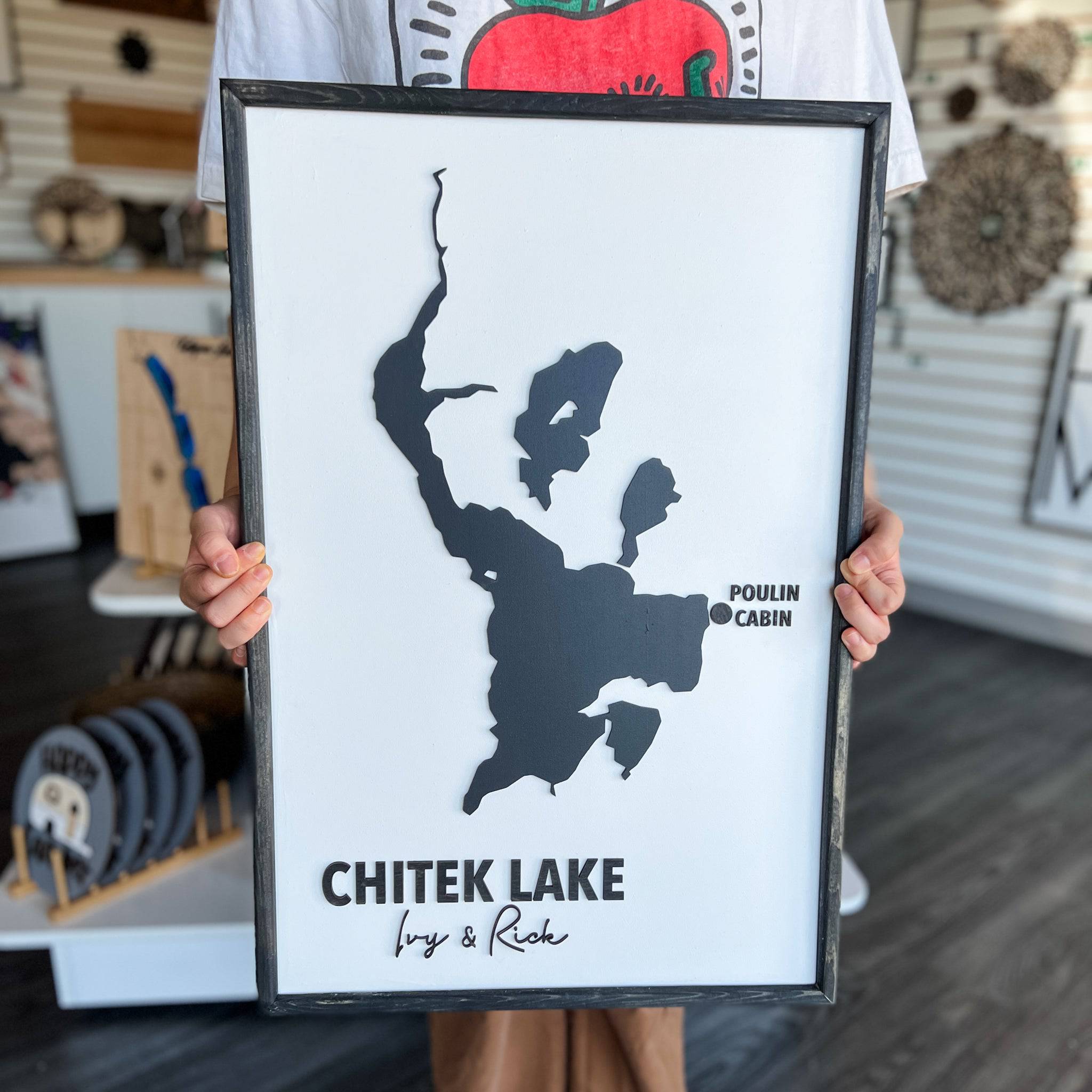Custom Wood Lake Silhouette Map Art - Sticks & Doodles