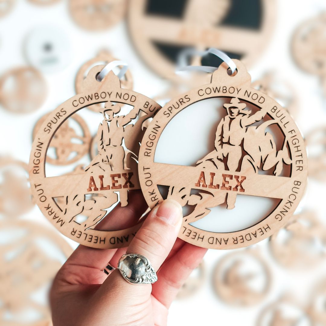 Personalized Bull Riding Collection • Ornament, Magnet, Medal, or Mini Sign
