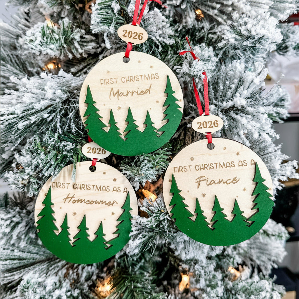 Assorted First Christmas Ornaments – Includes Married, as a Grandparent, and more.