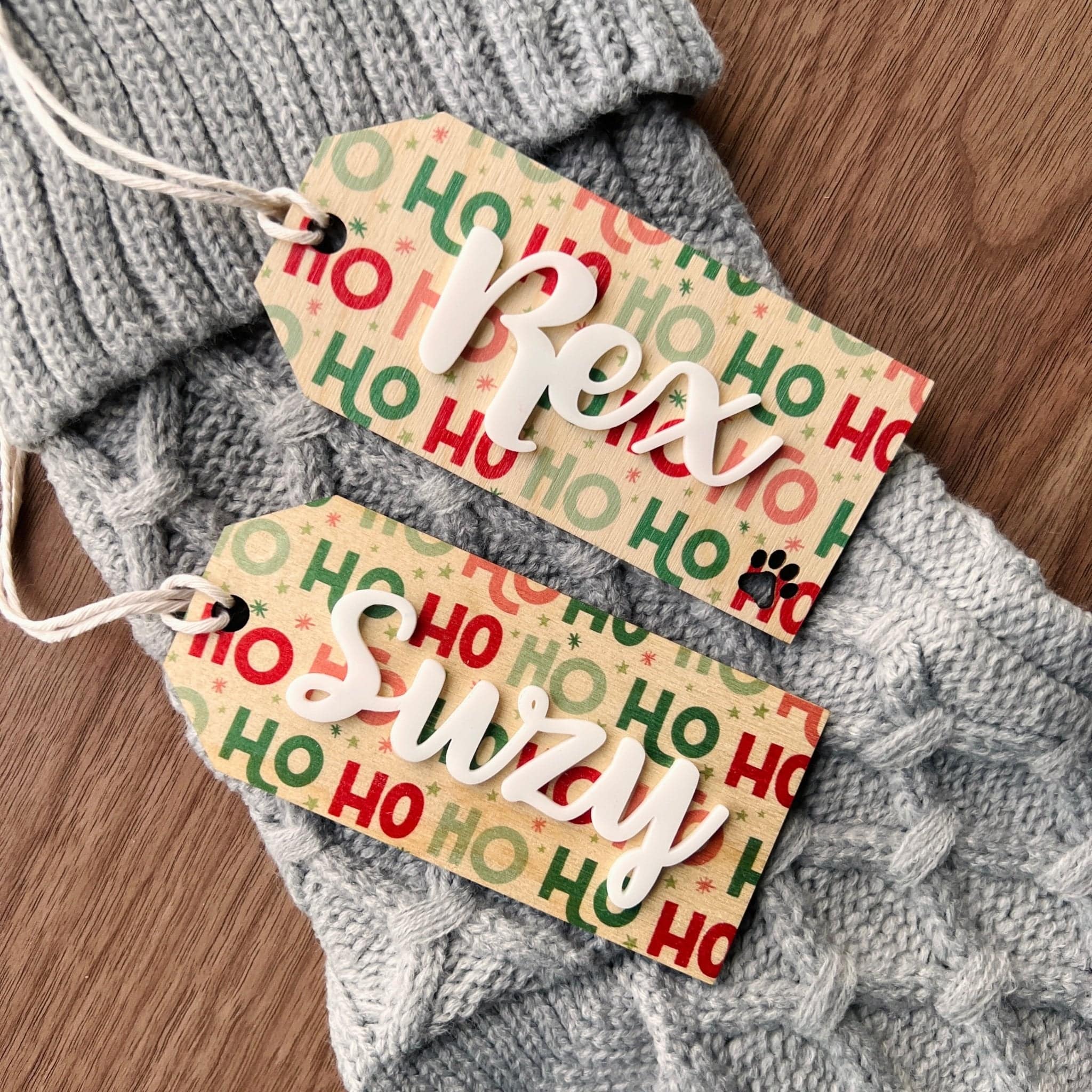 Discontinued Stocking Tags (2021 - 2023) • 3D Wood & Acrylic Tags