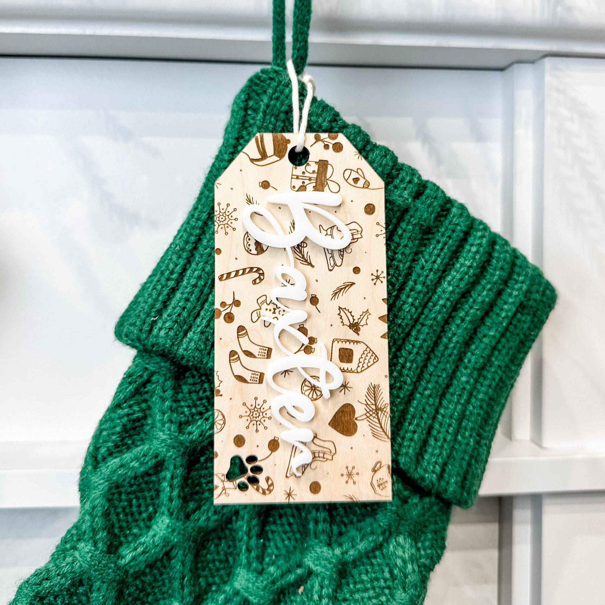 Festive Natural Christmas • 3D Wood & Acrylic Stocking Tags