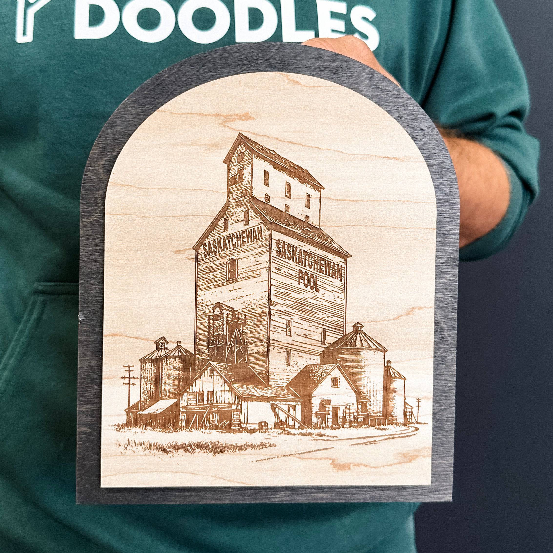 Engraved Grain Elevator Sketch • Wood Ornament, Magnet, or Mini Sign • Farmer Gifts & Saskatchewan Gifts