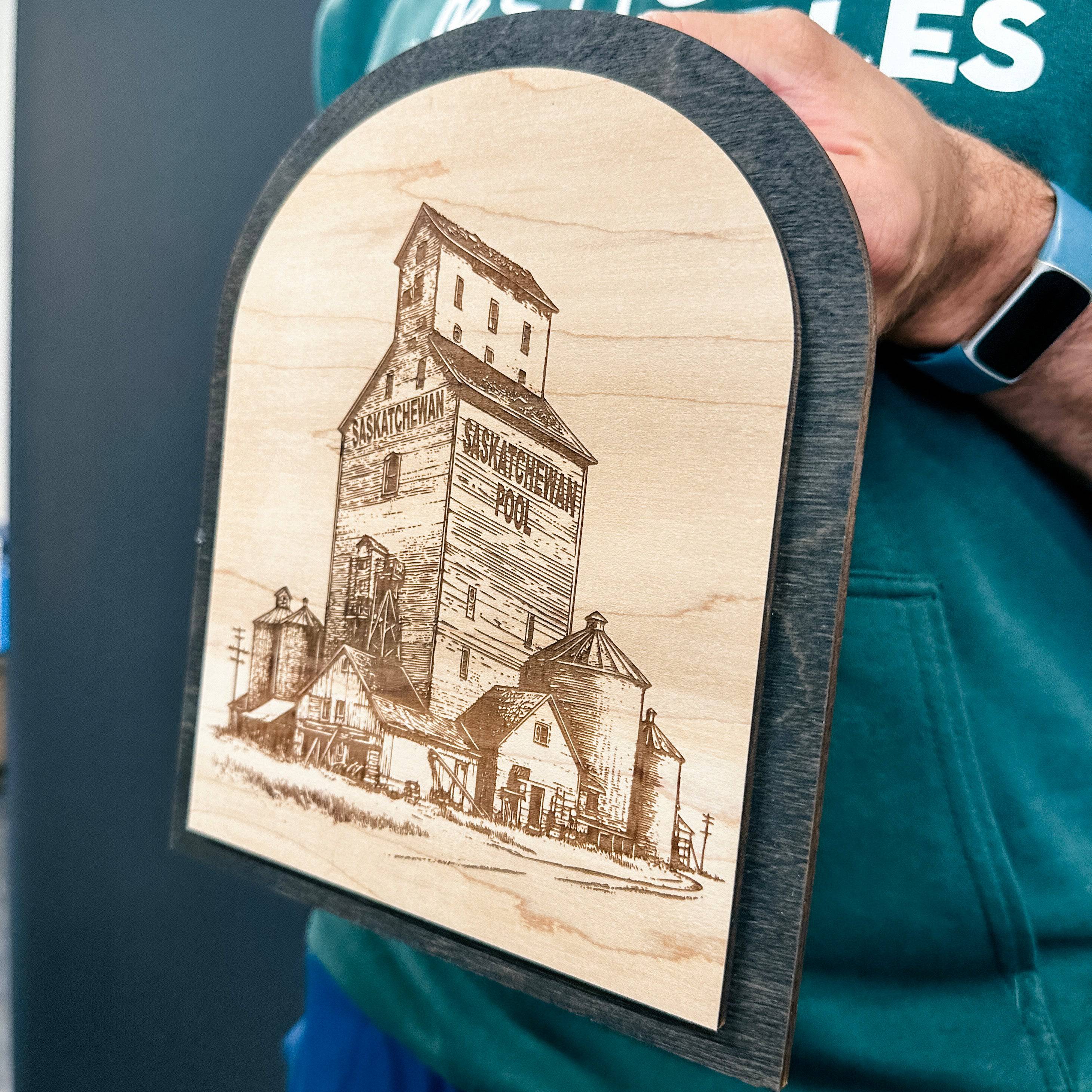 Engraved Grain Elevator Sketch • Wood Ornament, Magnet, or Mini Sign • Farmer Gifts & Saskatchewan Gifts