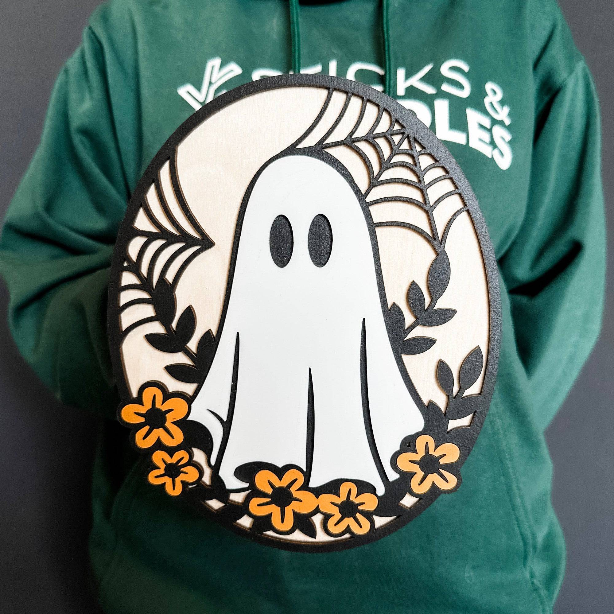 Hippie Ghost • Layered Wood Ornament or Mini Sign • For Halloween